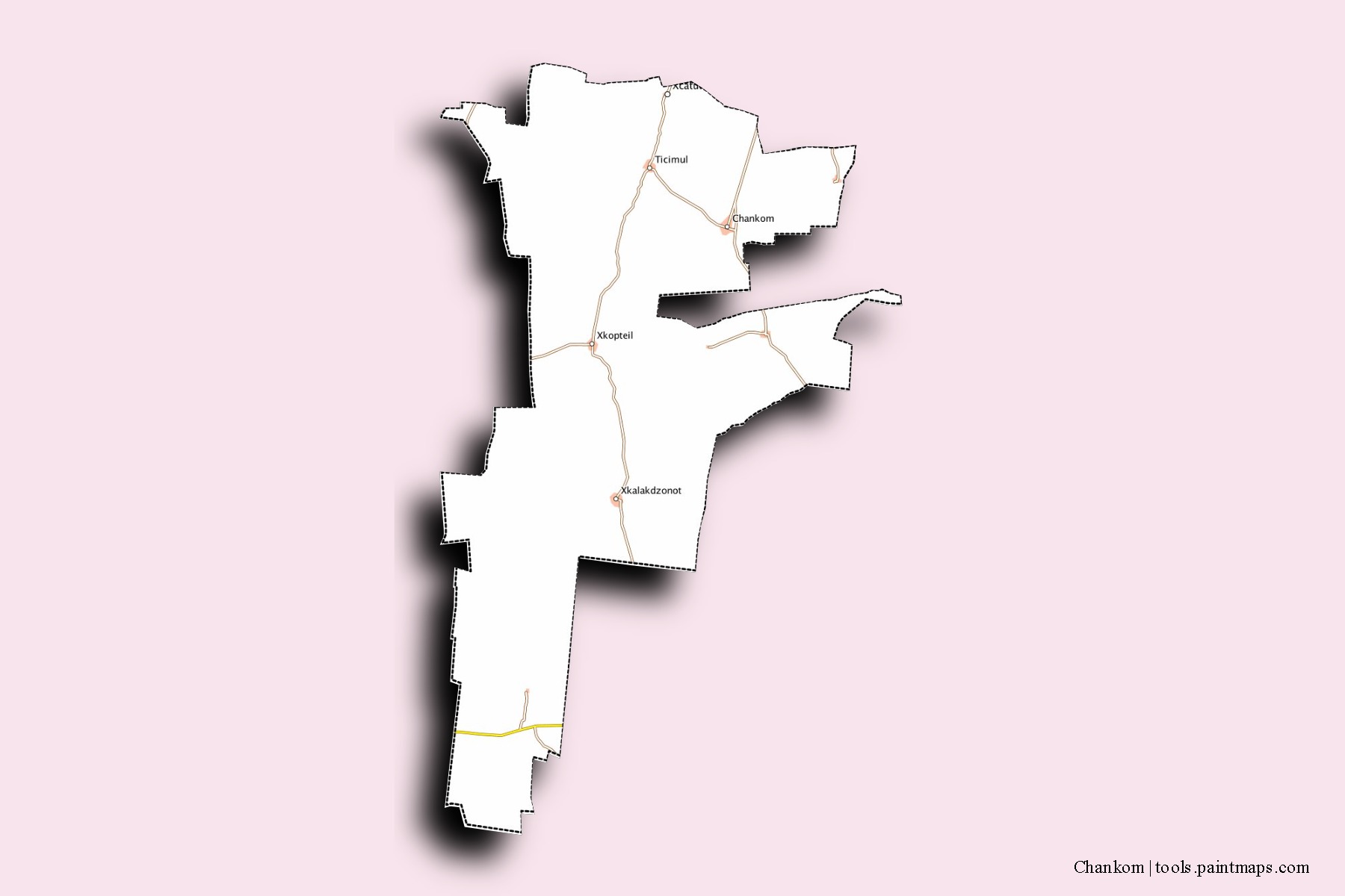 Mapa de barrios y pueblos de Chankom con efecto de sombra 3D