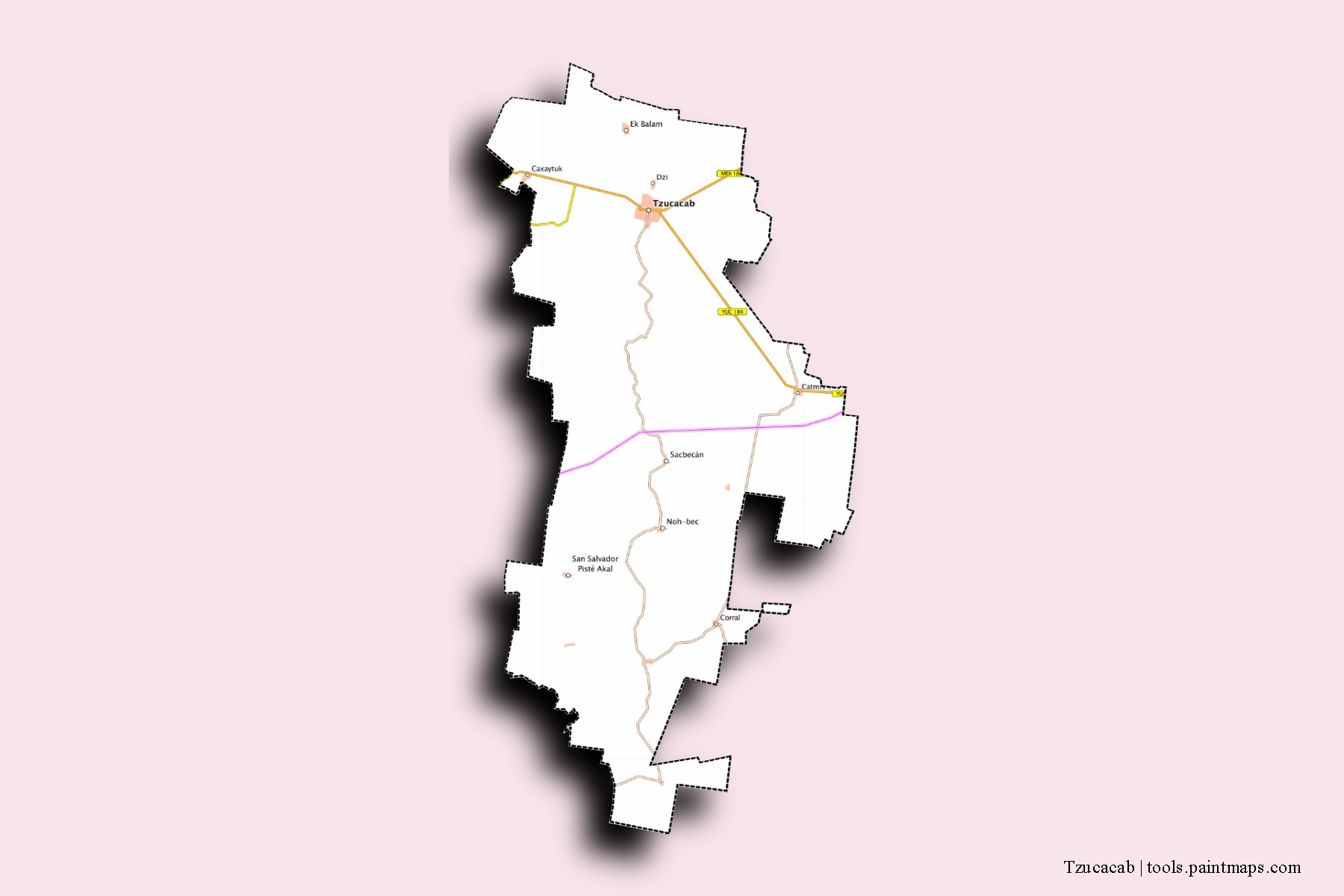 Mapa de barrios y pueblos de Tzucacab con efecto de sombra 3D