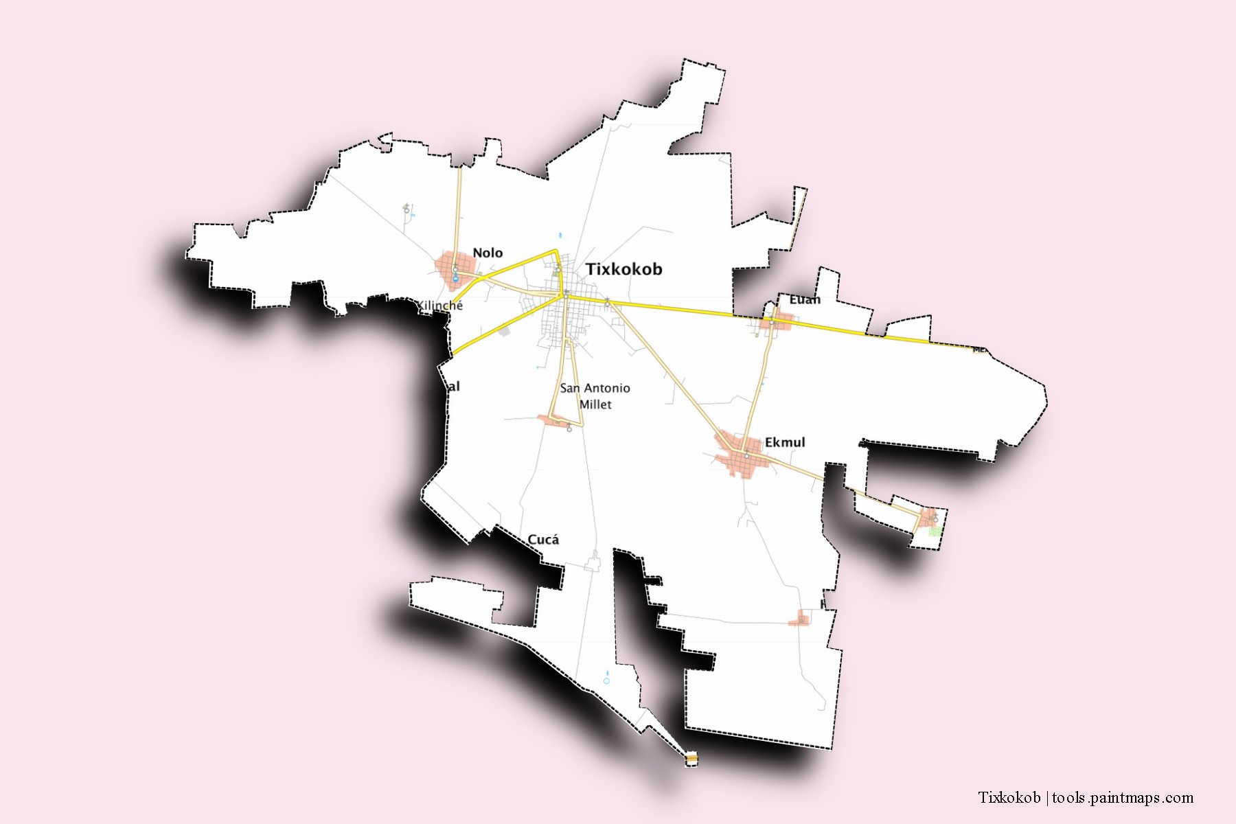 Tixkokob neighborhoods and villages map with 3D shadow effect