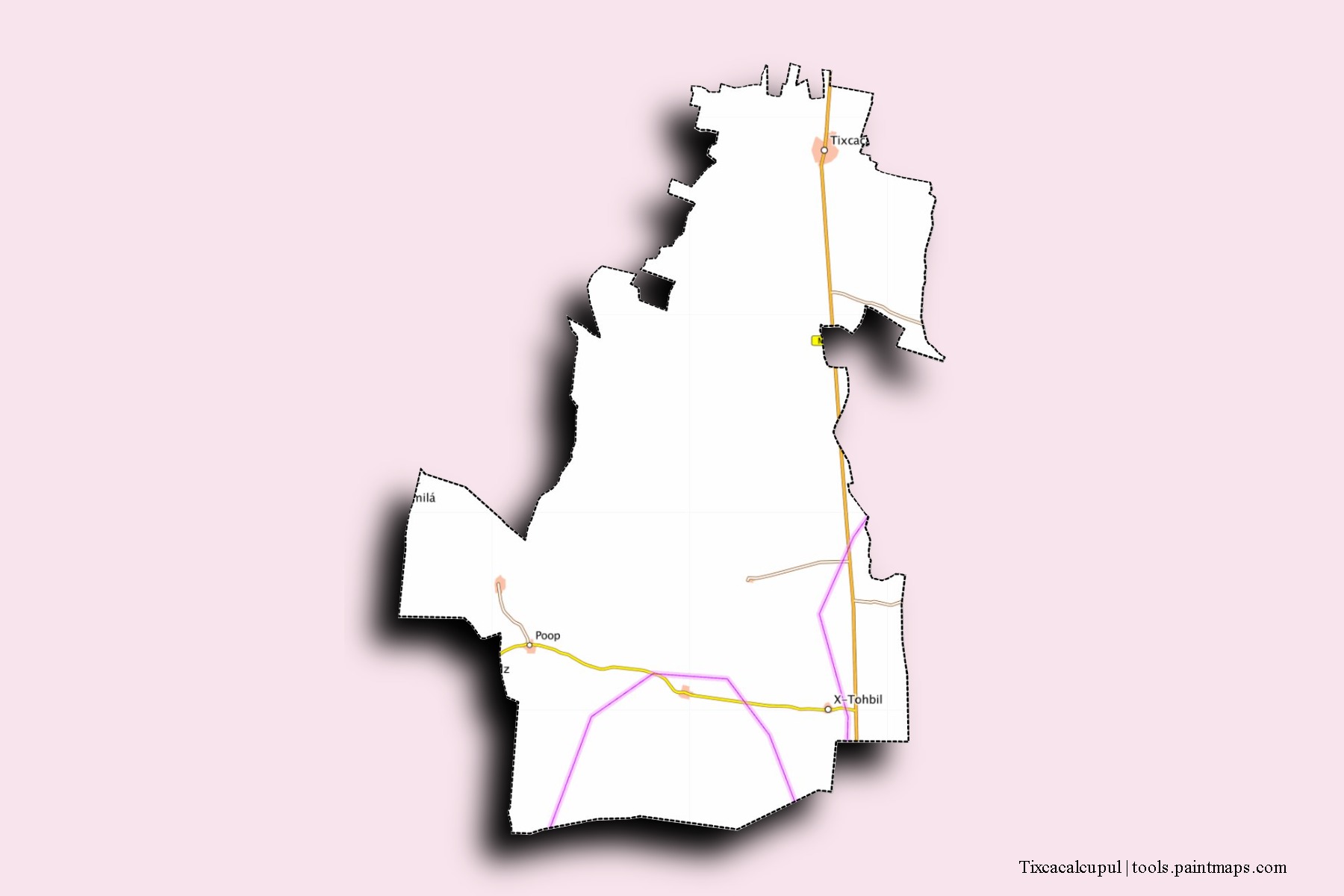 Mapa de barrios y pueblos de Tixcacalcupul con efecto de sombra 3D