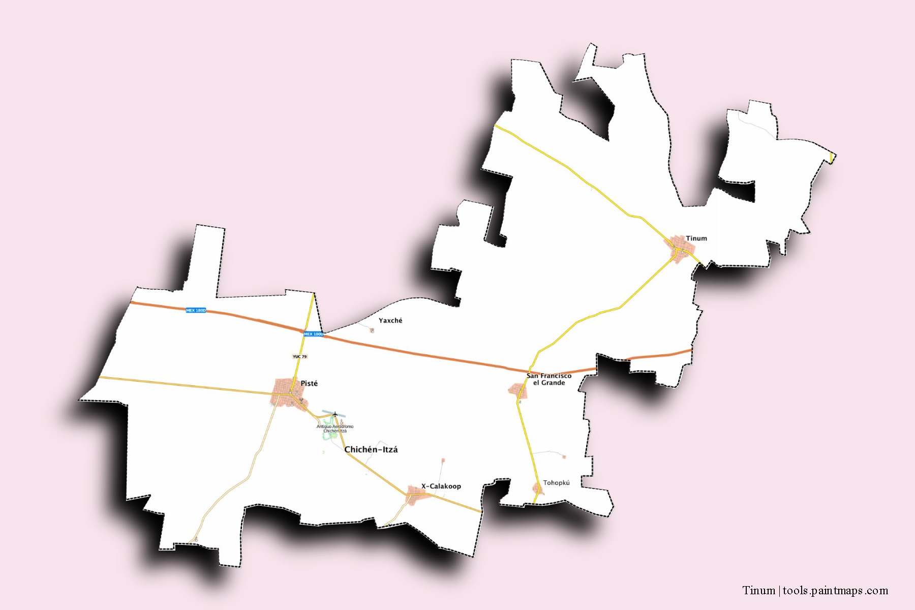 Tinúm neighborhoods and villages map with 3D shadow effect