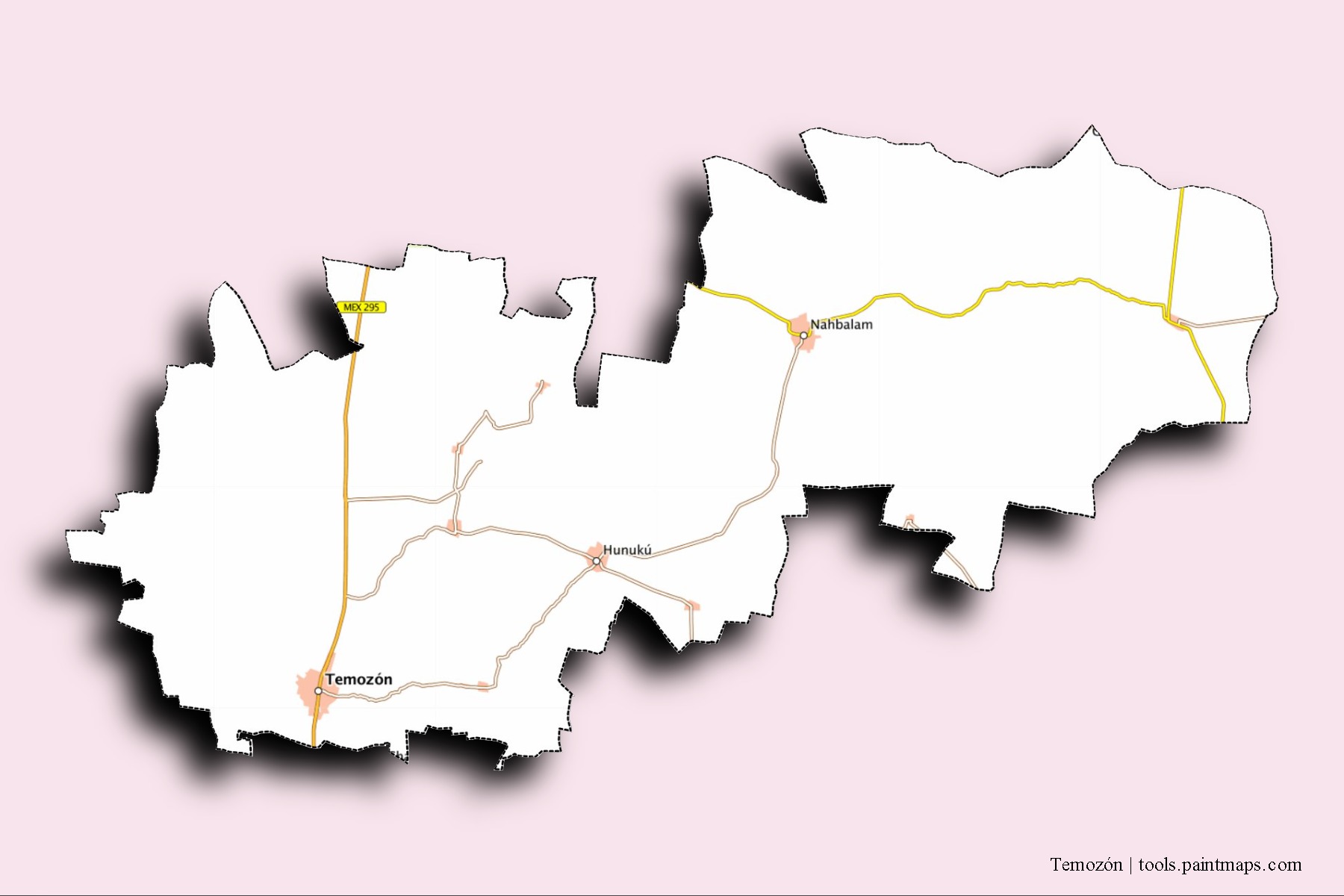 Mapa de barrios y pueblos de Temozón con efecto de sombra 3D