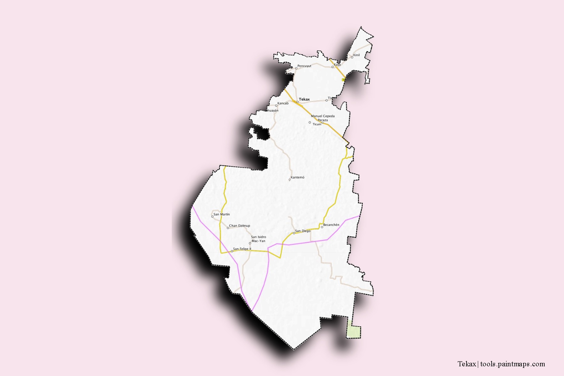 Mapa de barrios y pueblos de Tekax con efecto de sombra 3D