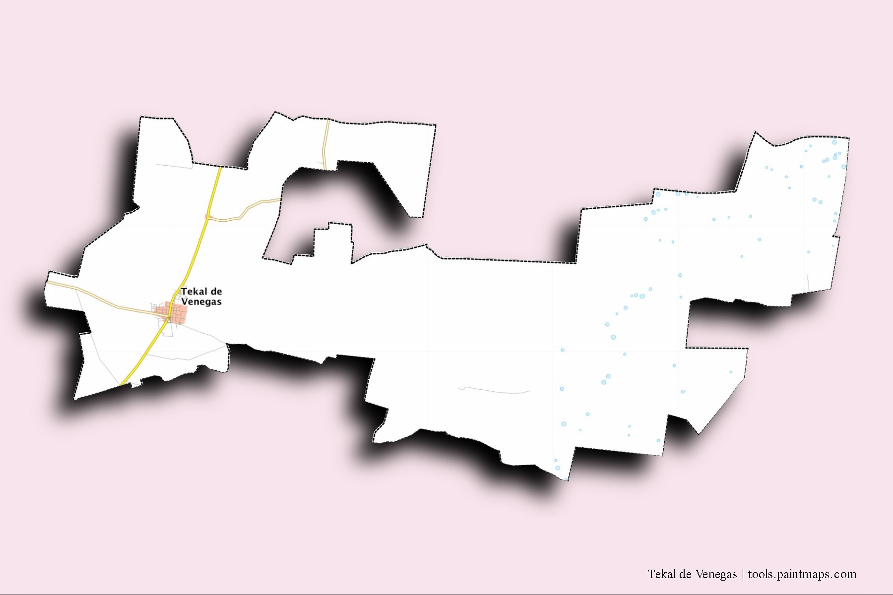 Tekal de Venegas neighborhoods and villages map with 3D shadow effect