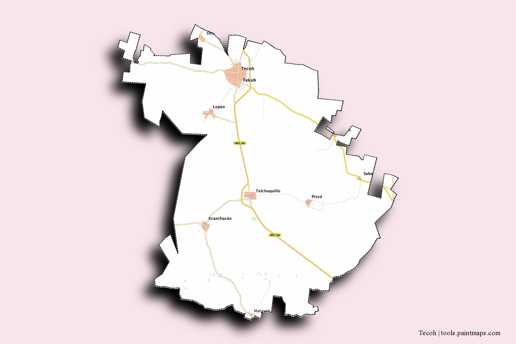 Mapa de barrios y pueblos de Tecoh con efecto de sombra 3D