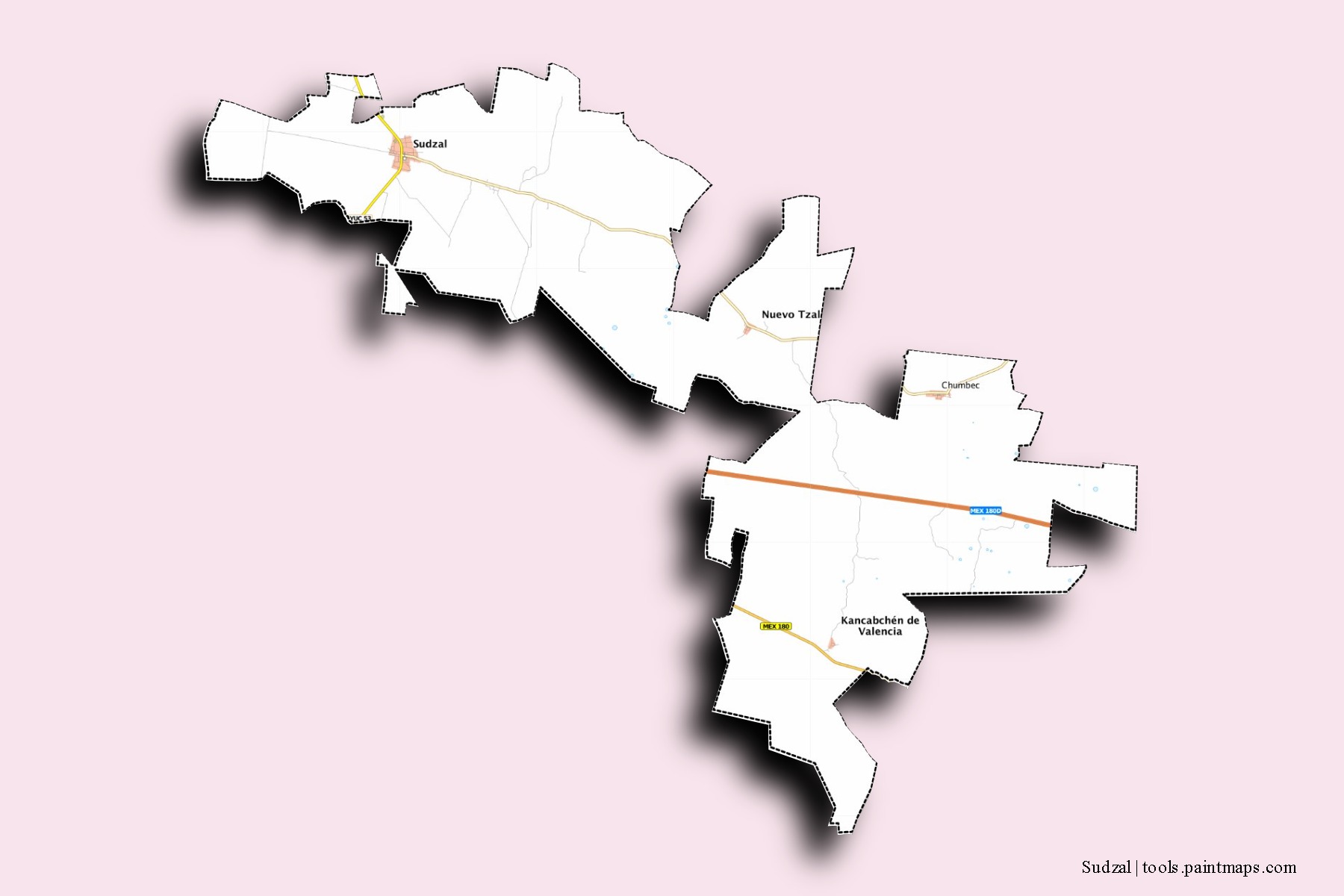 Sudzal neighborhoods and villages map with 3D shadow effect