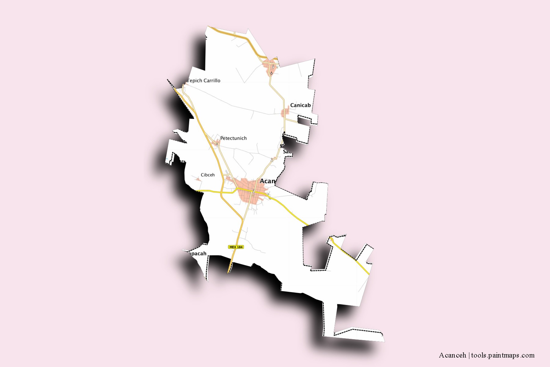 Mapa de barrios y pueblos de Acanceh con efecto de sombra 3D