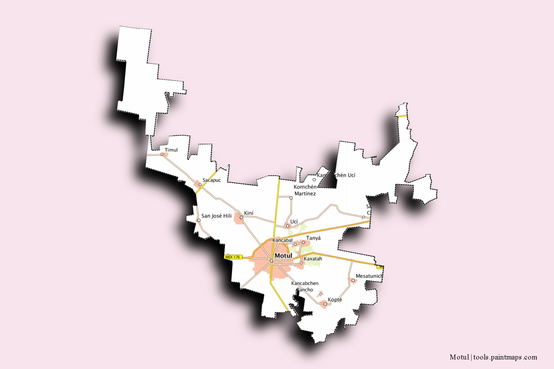 Motul neighborhoods and villages map with 3D shadow effect