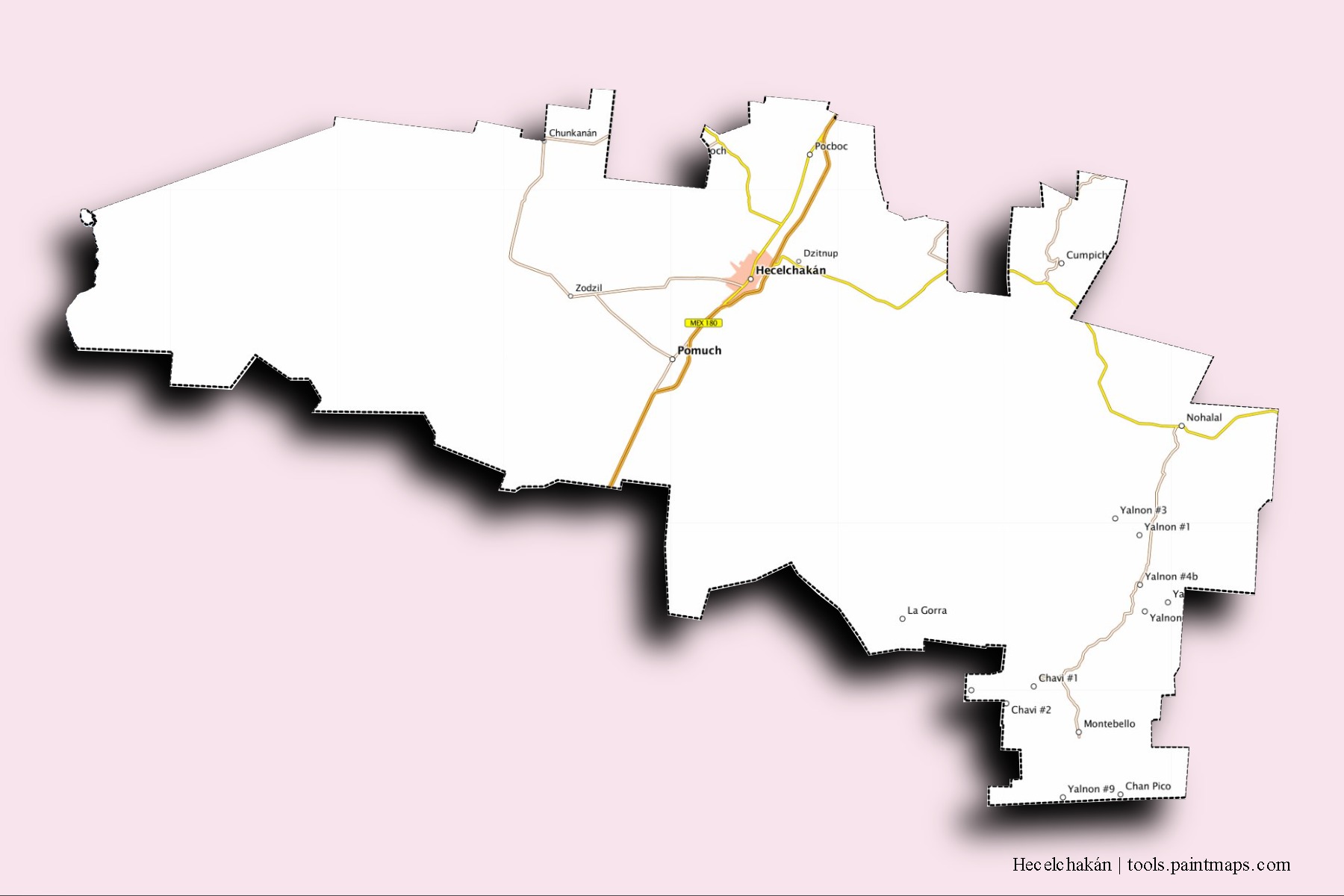 Mapa de barrios y pueblos de Hecelchakán con efecto de sombra 3D