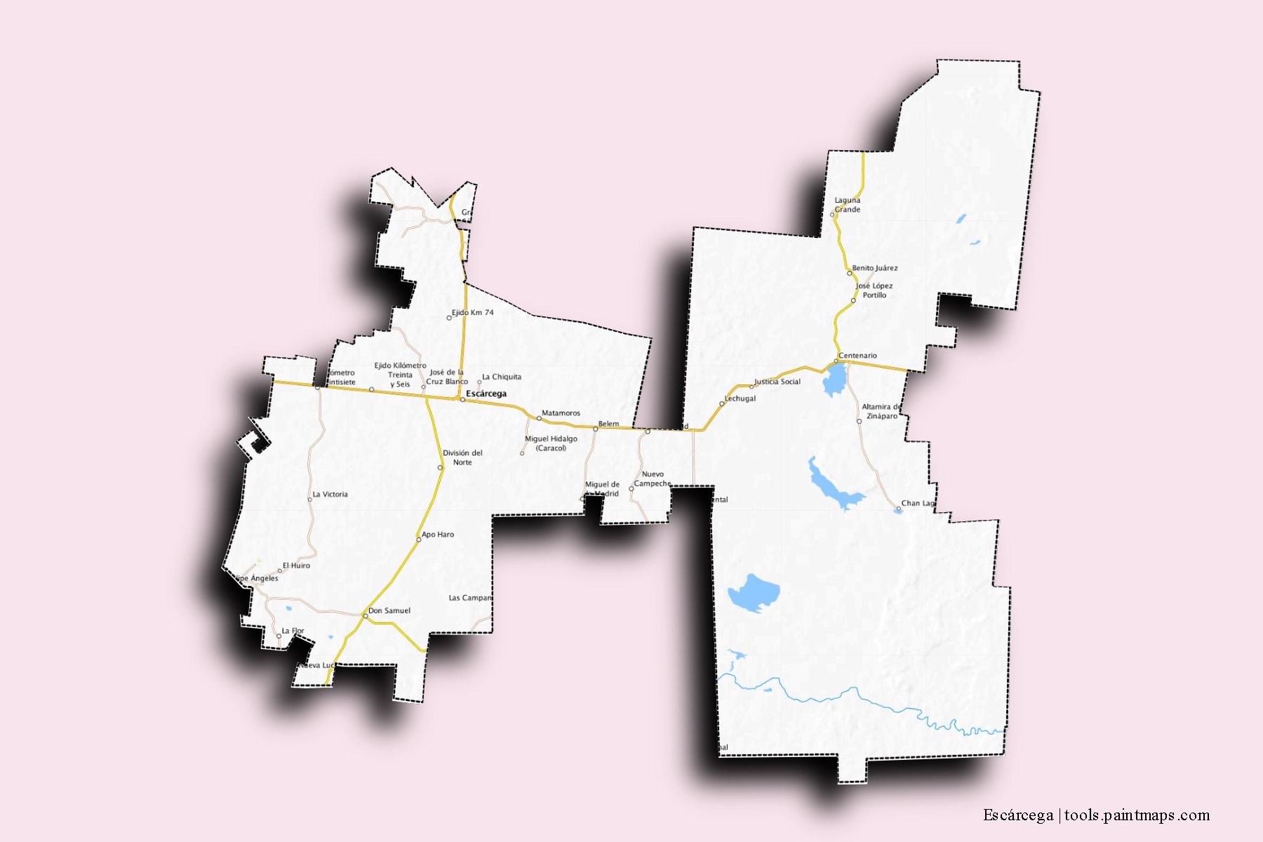 Escárcega neighborhoods and villages map with 3D shadow effect