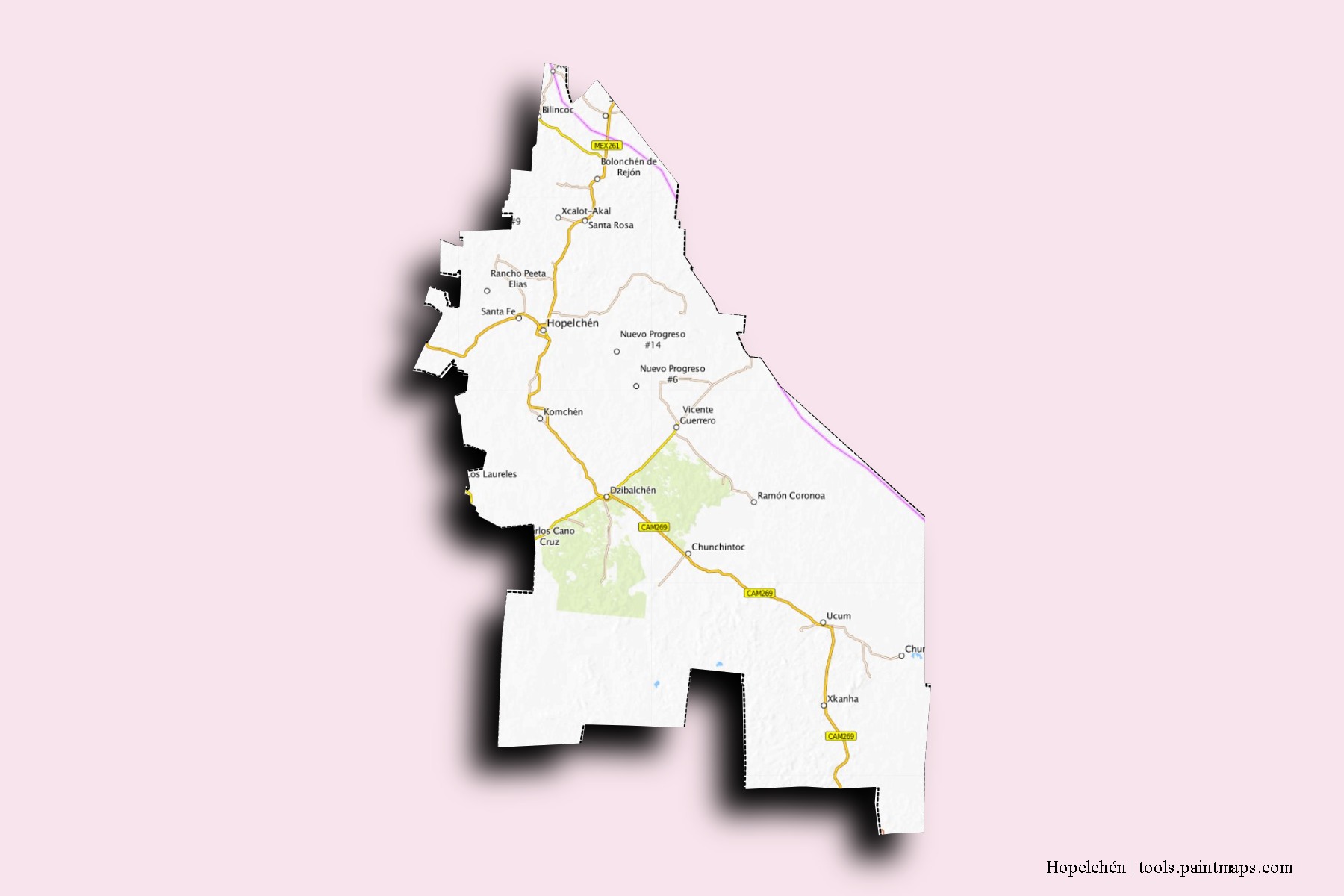 Hopelchén neighborhoods and villages map with 3D shadow effect