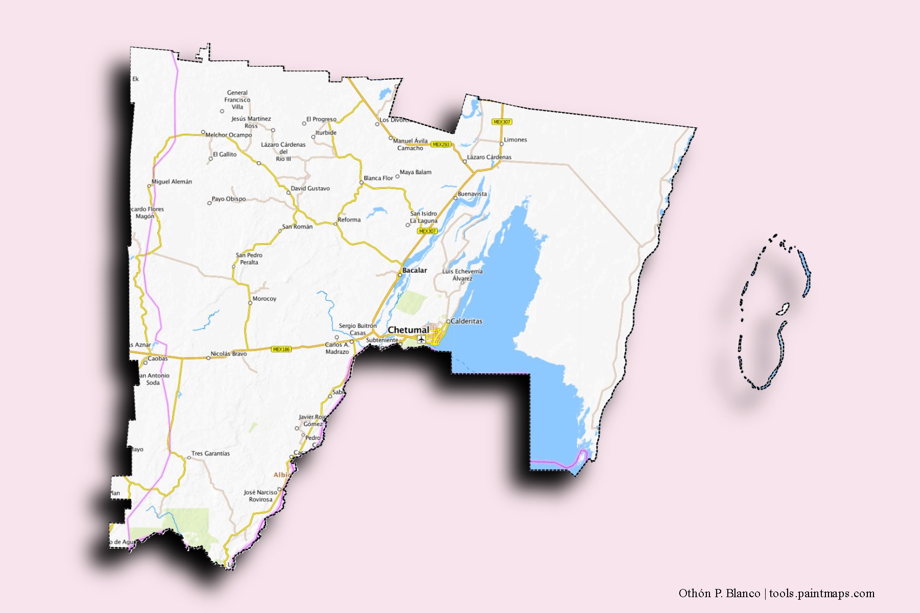 Mapa de barrios y pueblos de Othón P. Blanco con efecto de sombra 3D