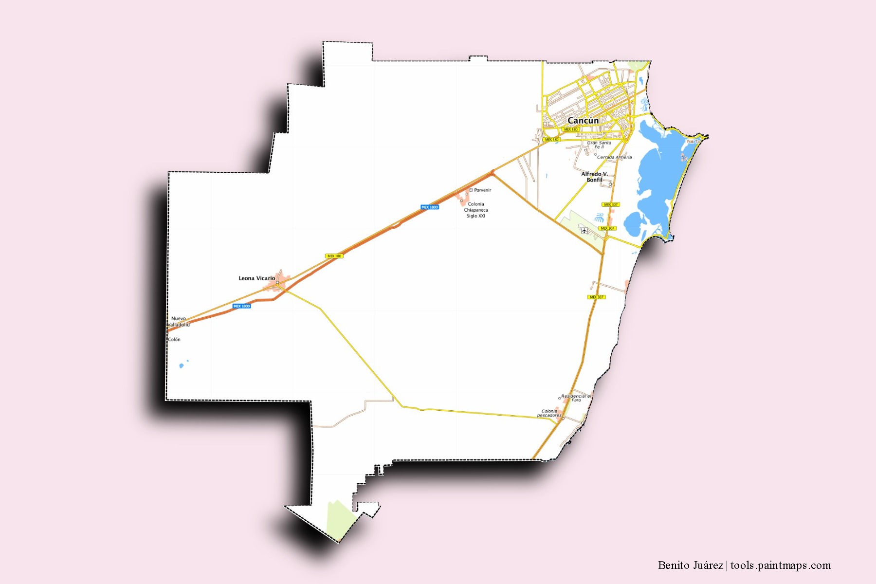 Benito Juárez neighborhoods and villages map with 3D shadow effect