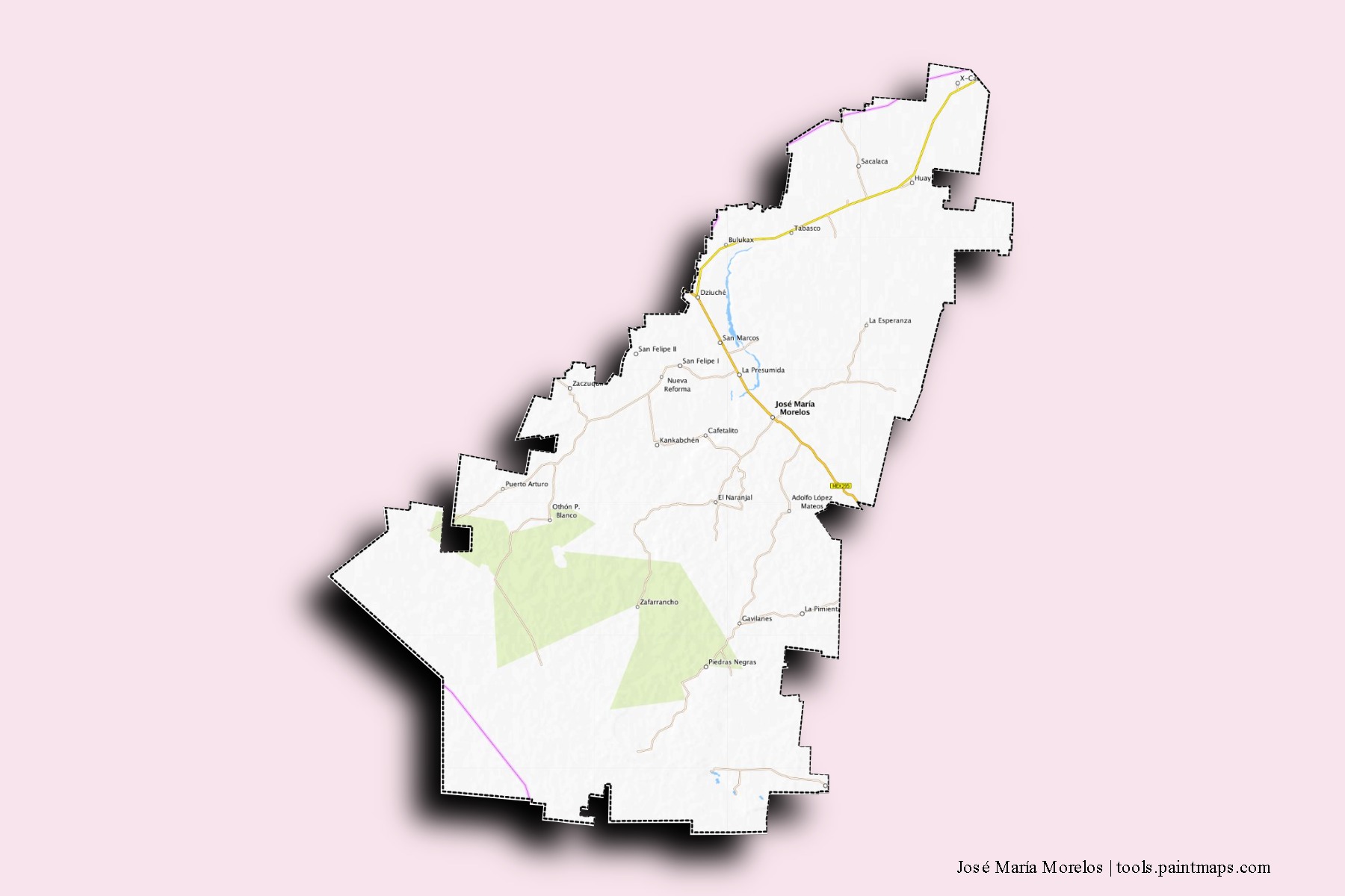 Mapa de barrios y pueblos de José María Morelos con efecto de sombra 3D