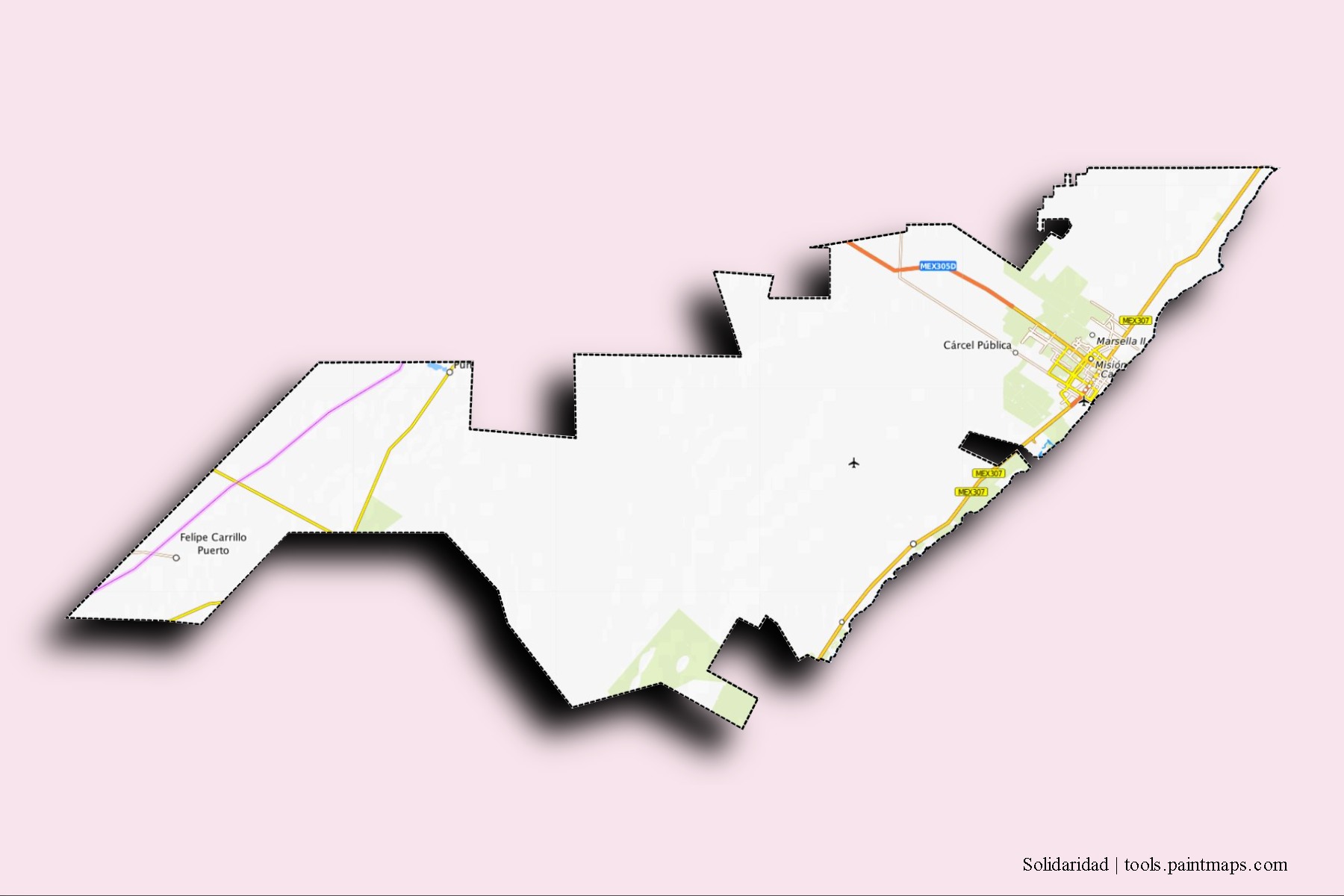 Solidaridad neighborhoods and villages map with 3D shadow effect