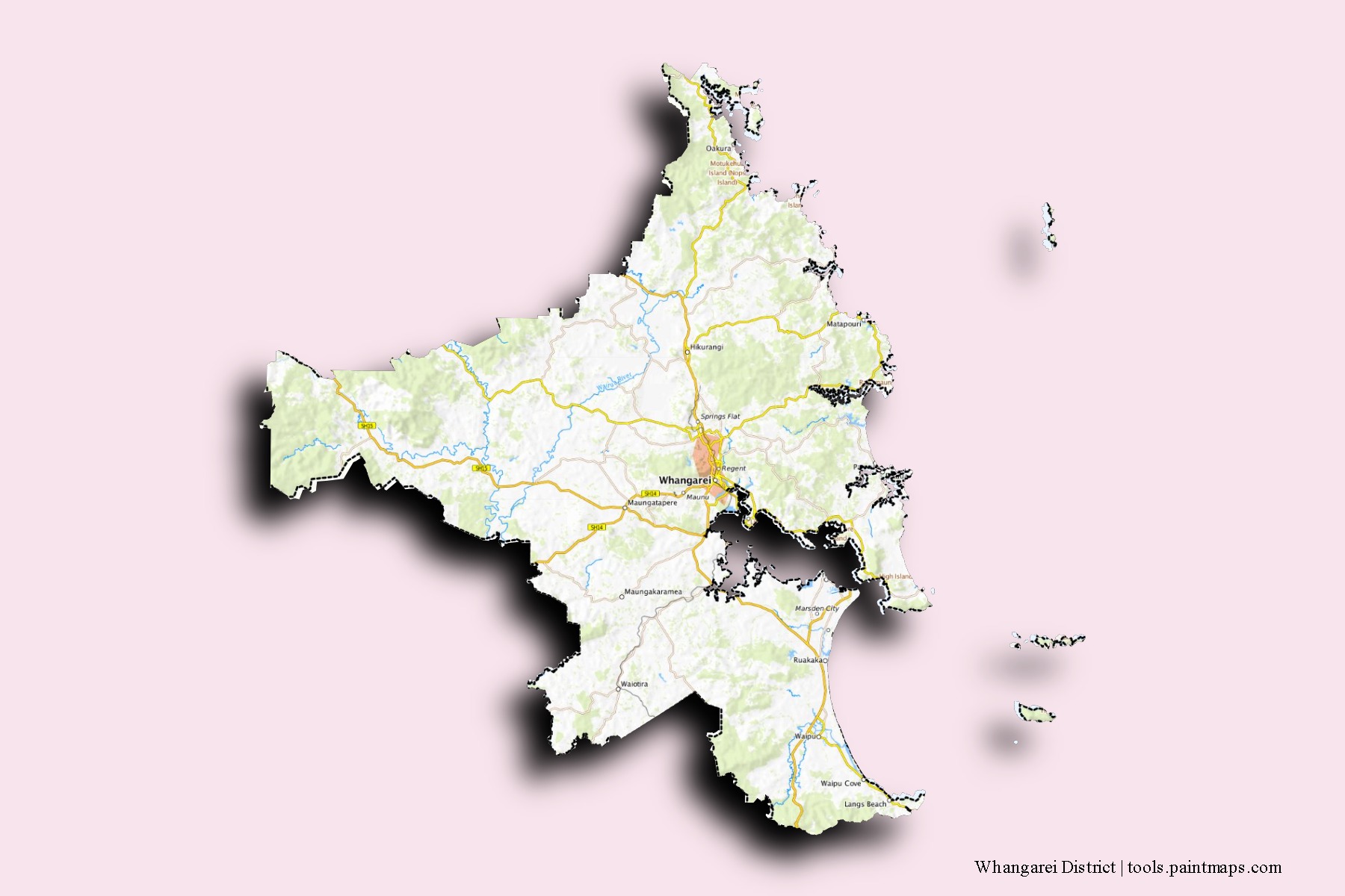 Mapa de barrios y pueblos de Whangarei District con efecto de sombra 3D