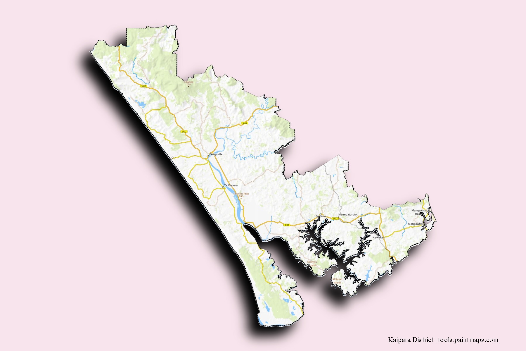 Mapa de barrios y pueblos de Kaipara District con efecto de sombra 3D