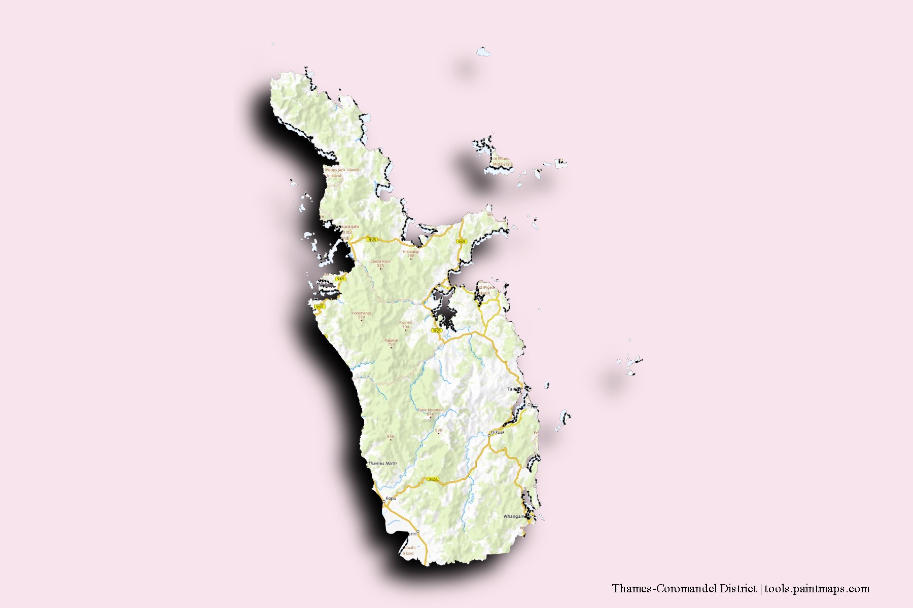 Mapa de barrios y pueblos de Thames-Coromandel District con efecto de sombra 3D