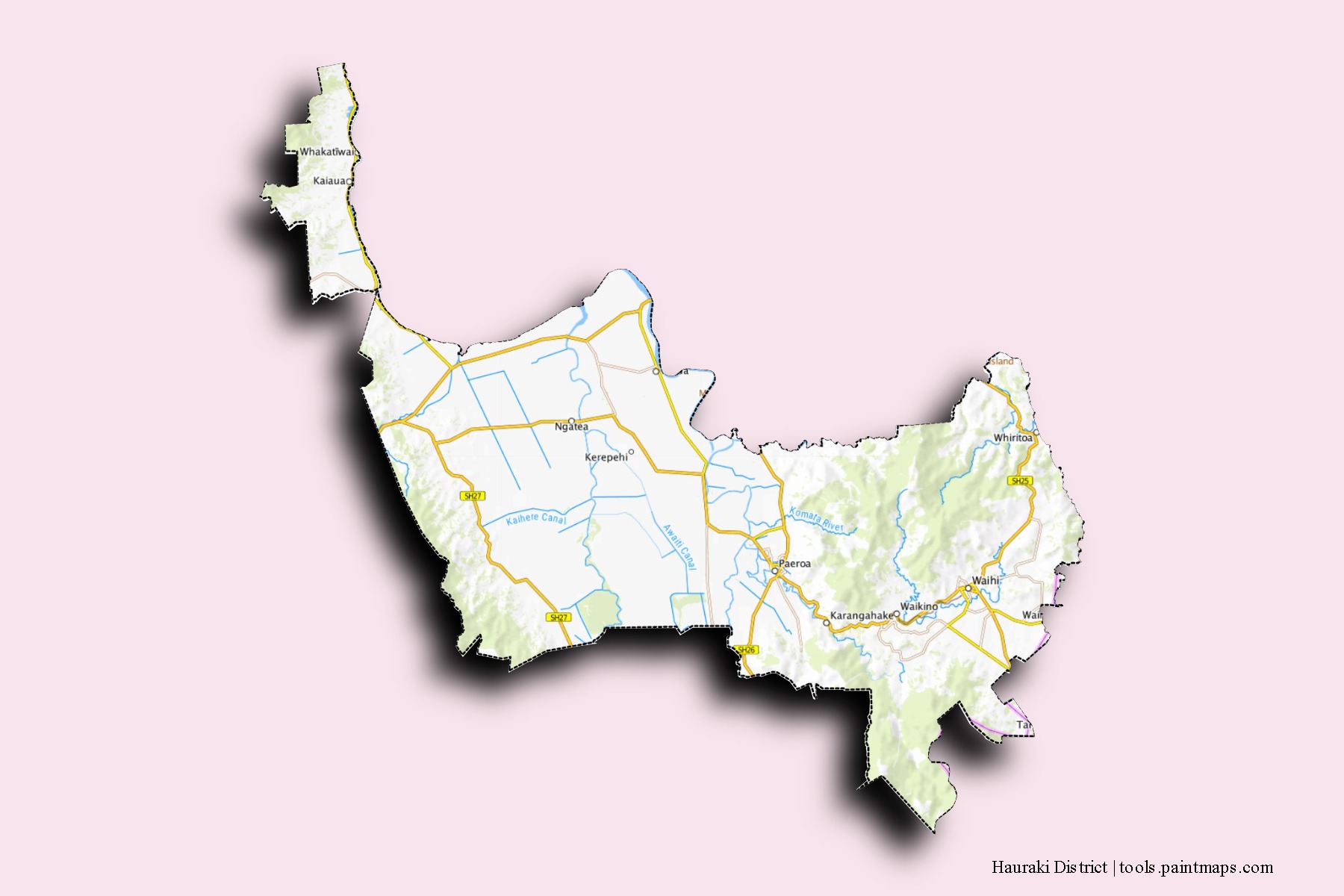 Mapa de barrios y pueblos de Hauraki District con efecto de sombra 3D