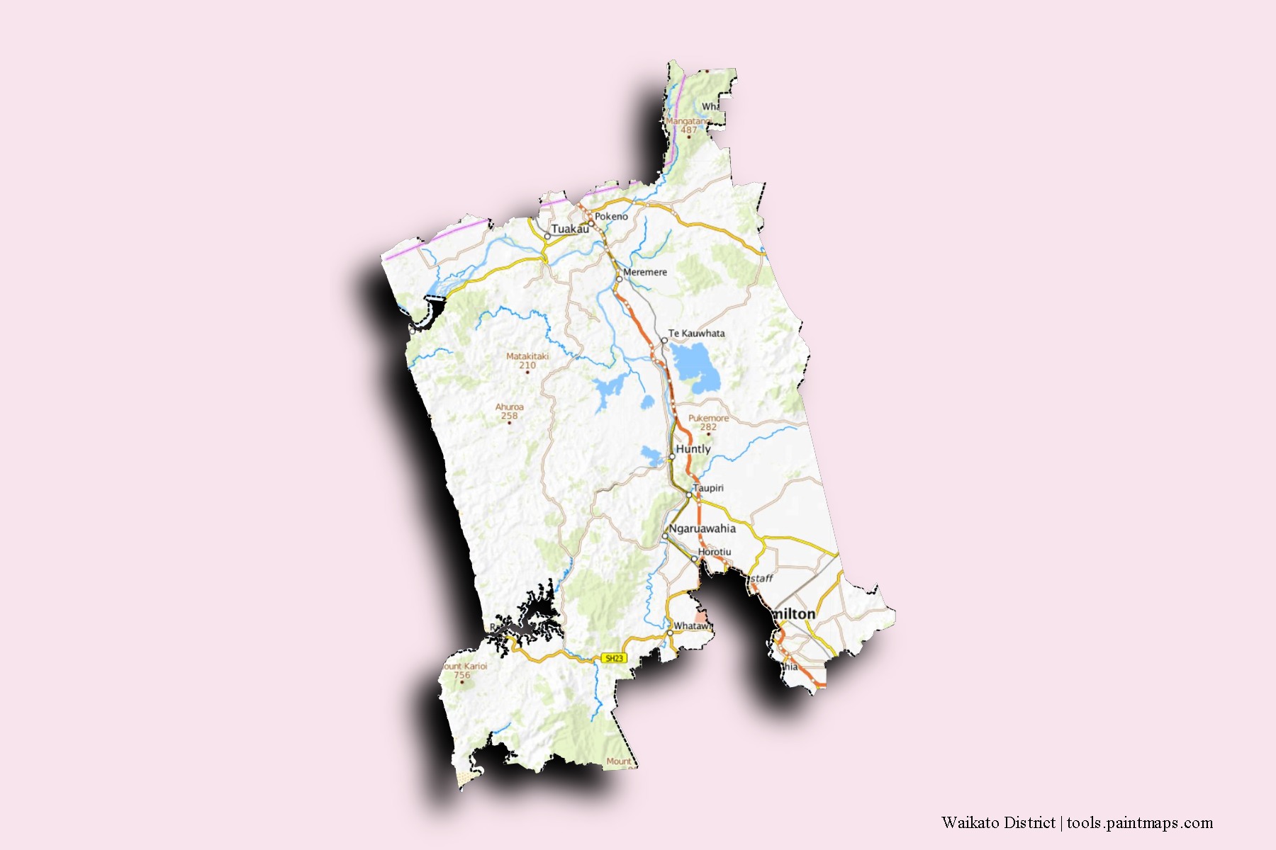 Mapa de barrios y pueblos de Waikato District con efecto de sombra 3D