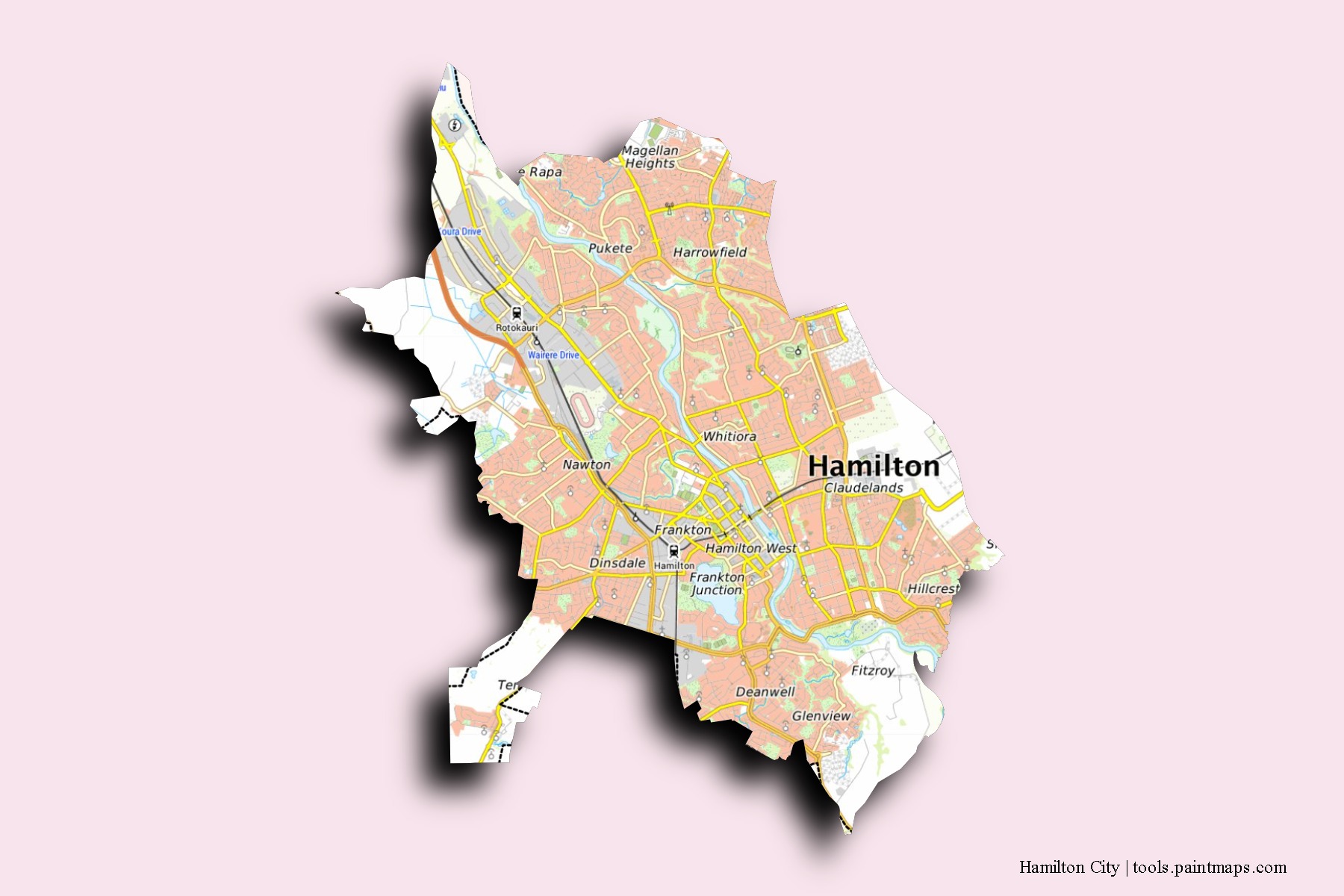 Mapa de barrios y pueblos de Hamilton City con efecto de sombra 3D