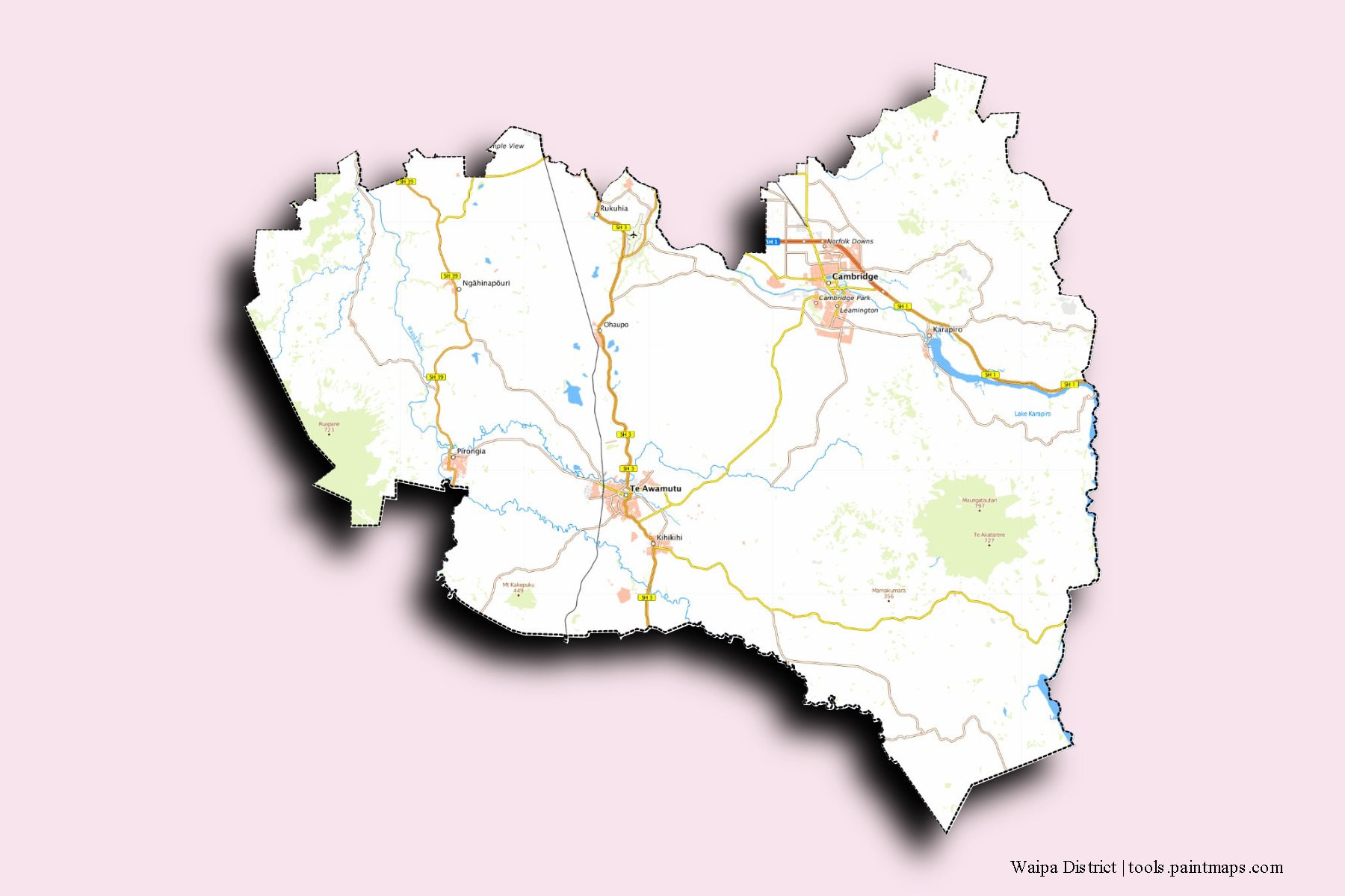 Mapa de barrios y pueblos de Waipa District con efecto de sombra 3D