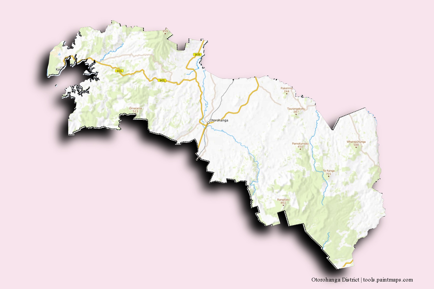 Mapa de barrios y pueblos de Otorohanga District con efecto de sombra 3D