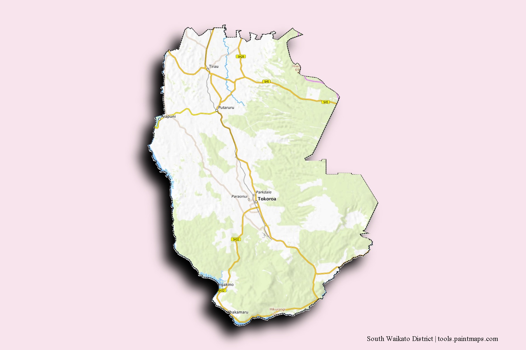 Mapa de barrios y pueblos de South Waikato District con efecto de sombra 3D