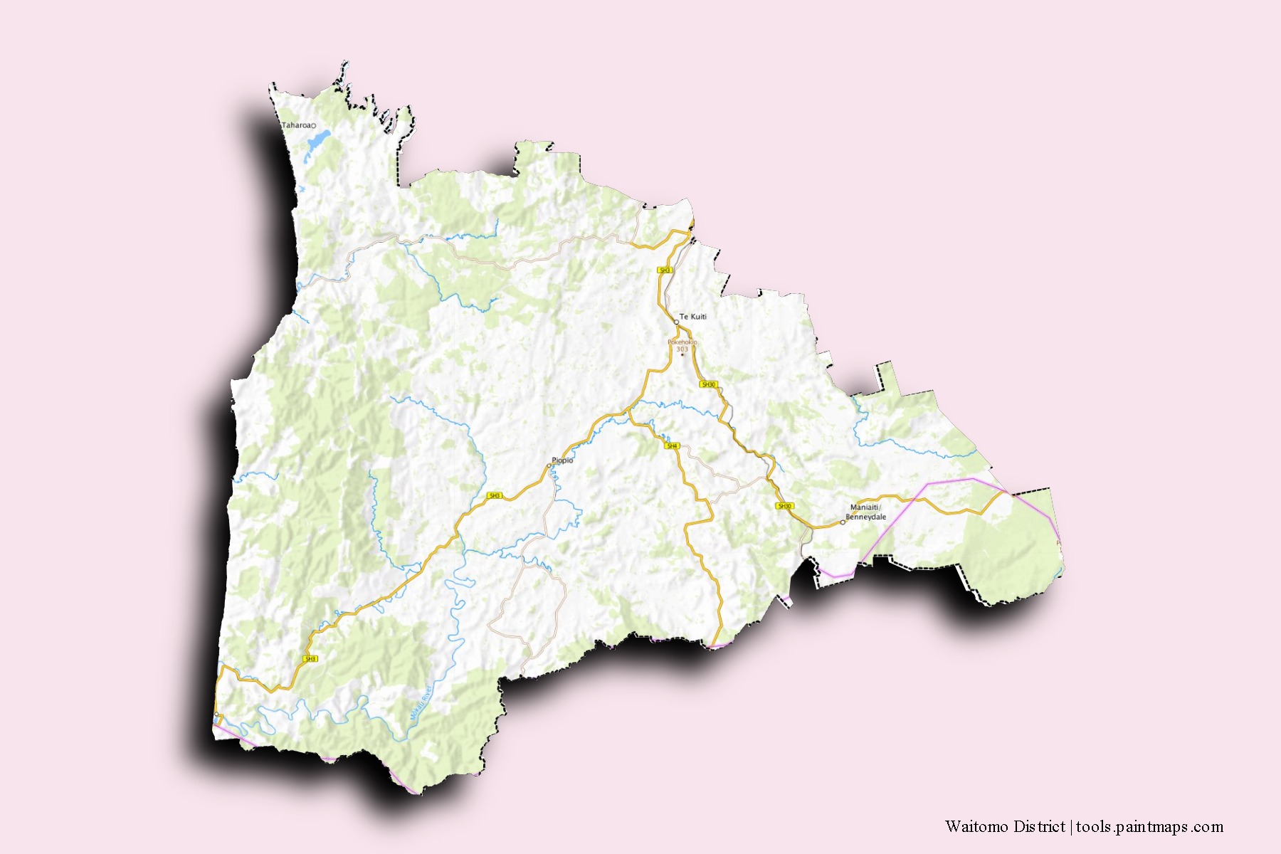 Mapa de barrios y pueblos de Waitomo District con efecto de sombra 3D