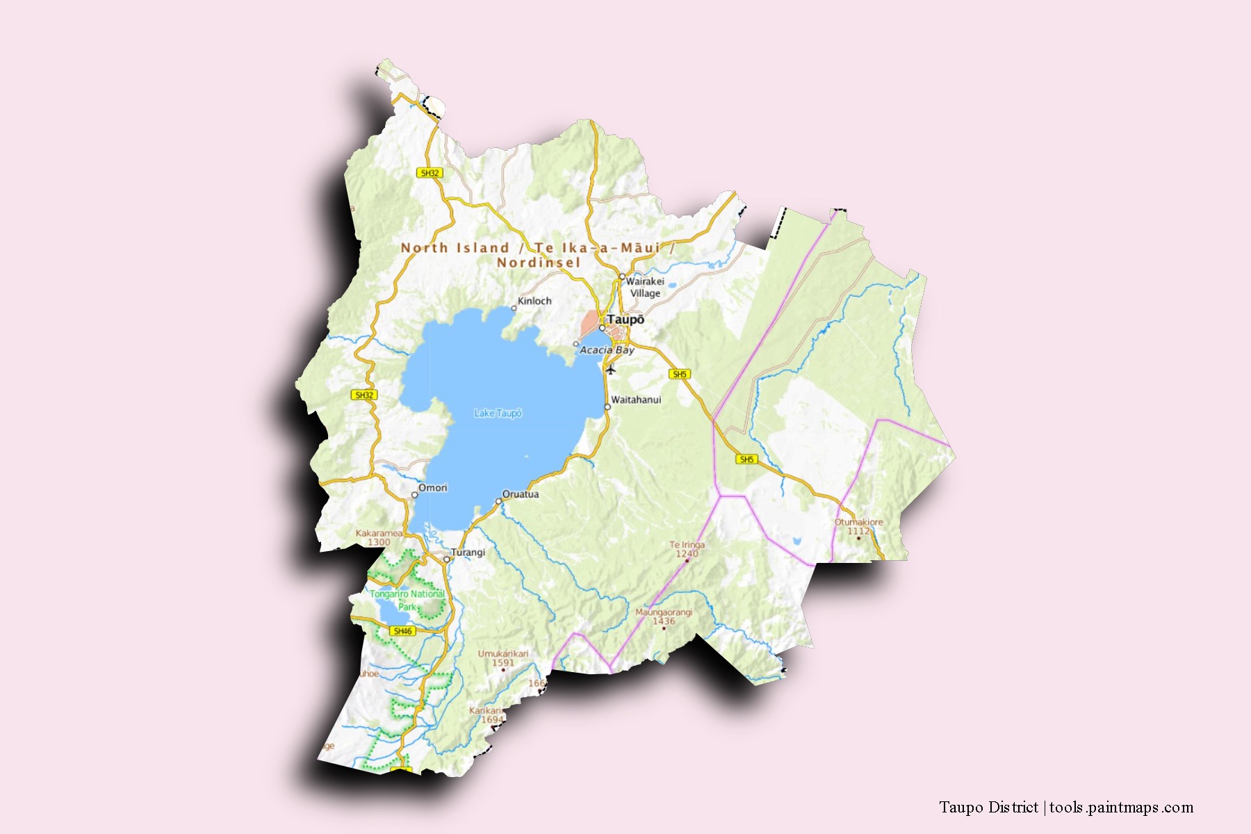 Mapa de barrios y pueblos de Taupo District con efecto de sombra 3D