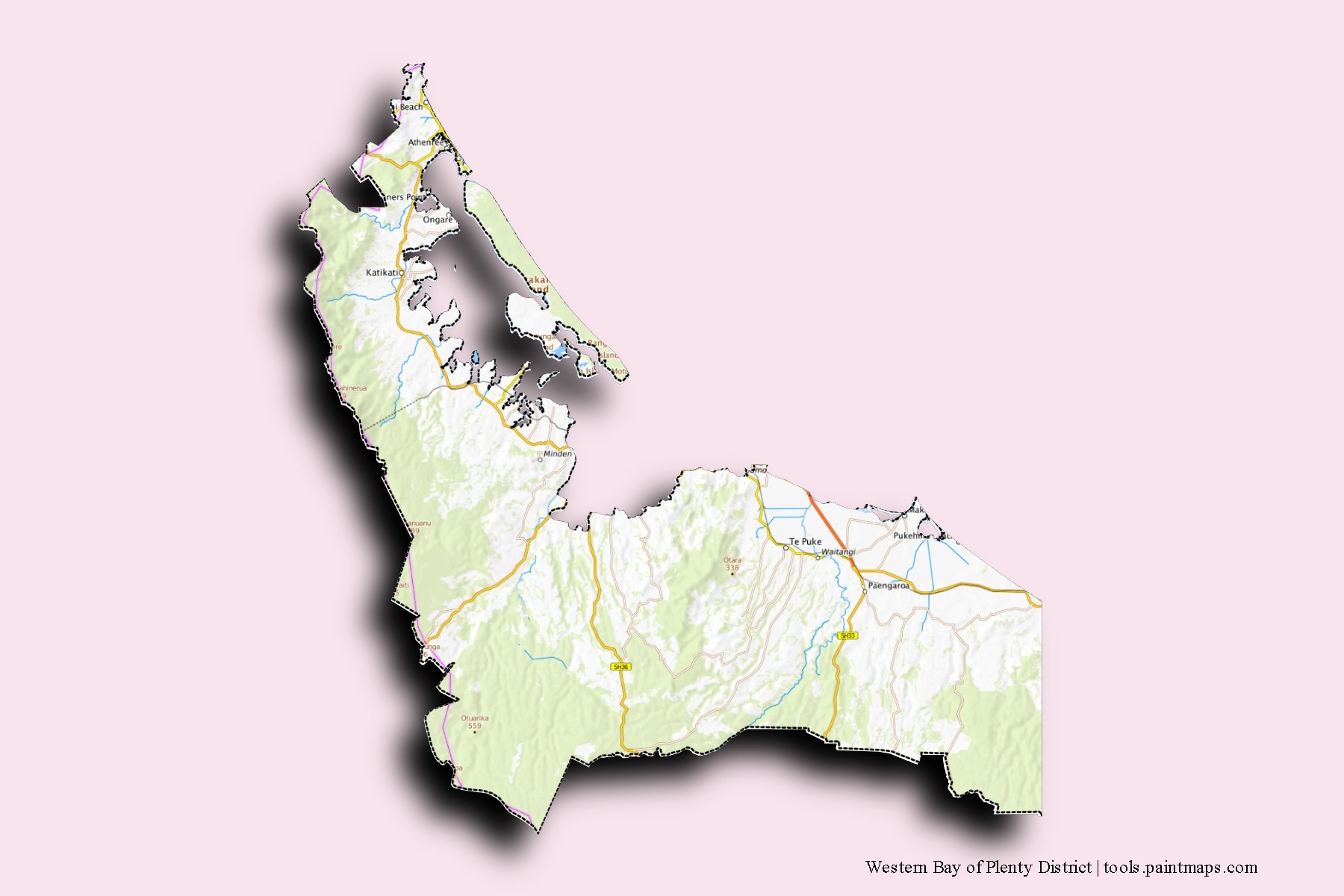 Western Bay of Plenty neighborhoods and villages map with 3D shadow effect