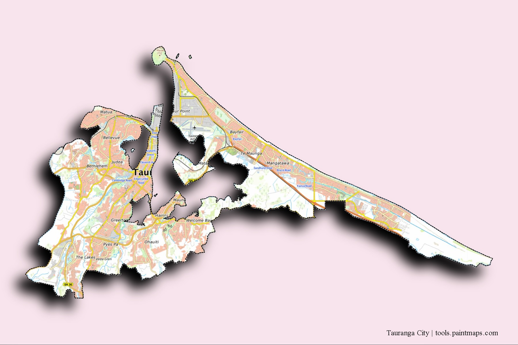 Mapa de barrios y pueblos de Tauranga City con efecto de sombra 3D