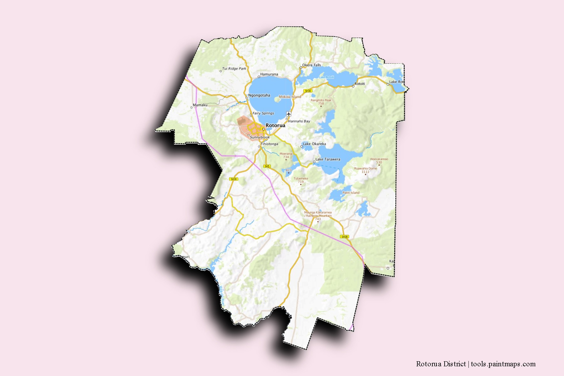 Mapa de barrios y pueblos de Rotorua District con efecto de sombra 3D