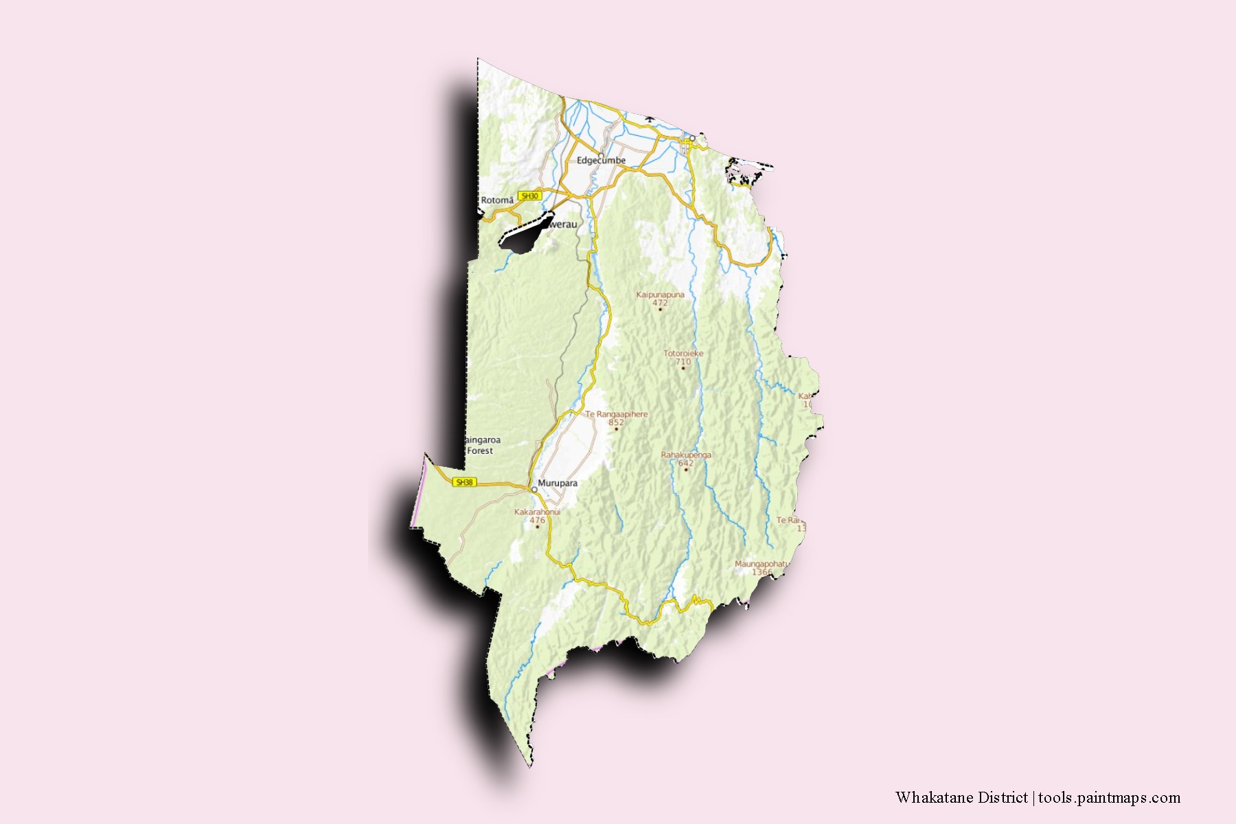 Mapa de barrios y pueblos de Whakatane District con efecto de sombra 3D