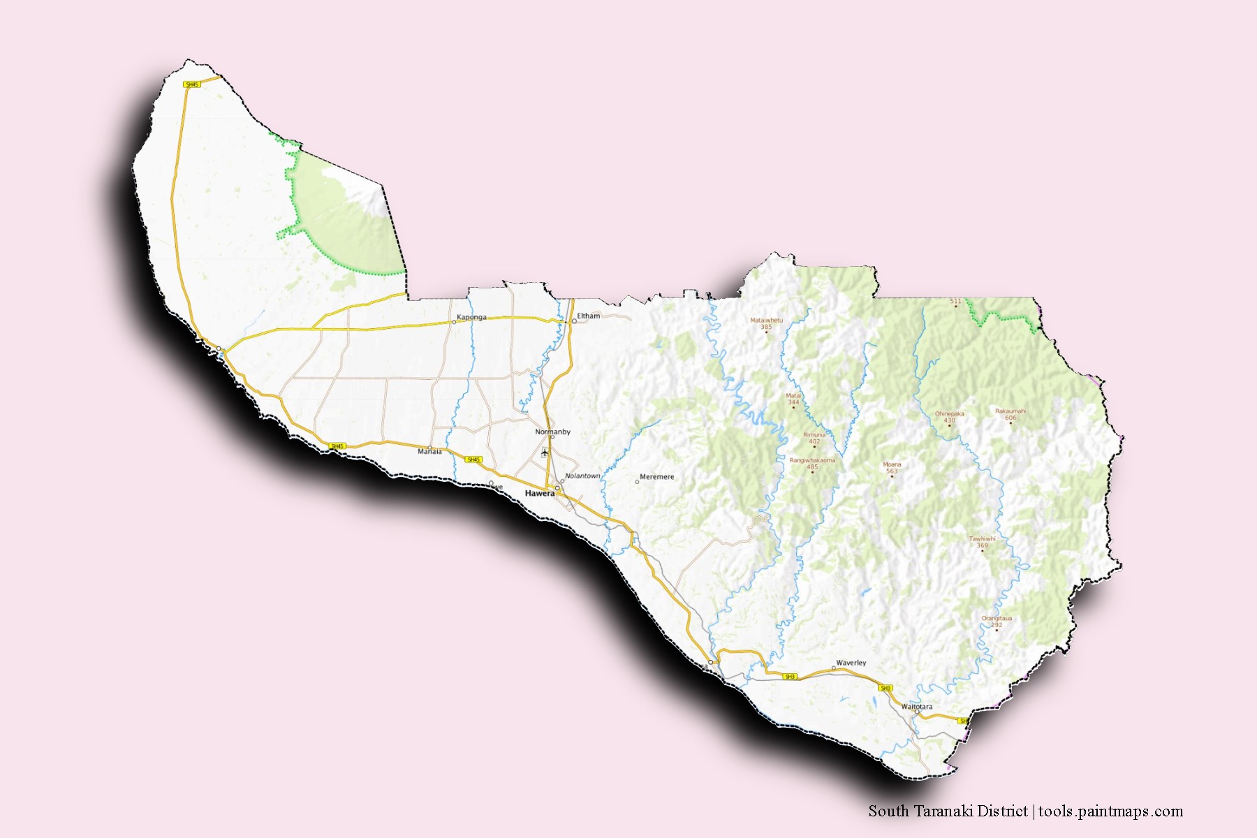 Mapa de barrios y pueblos de South Taranaki District con efecto de sombra 3D