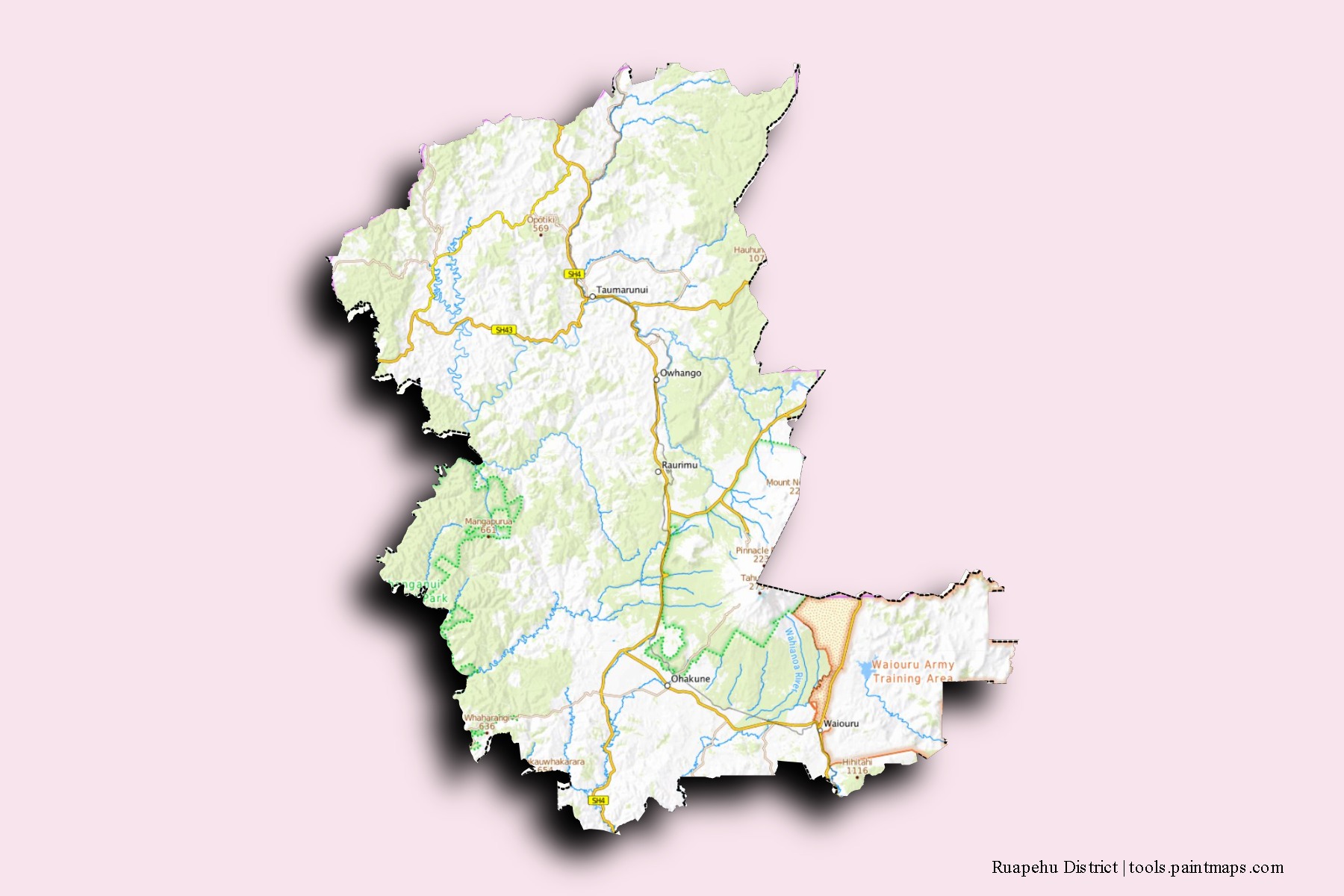 Mapa de barrios y pueblos de Ruapehu District con efecto de sombra 3D