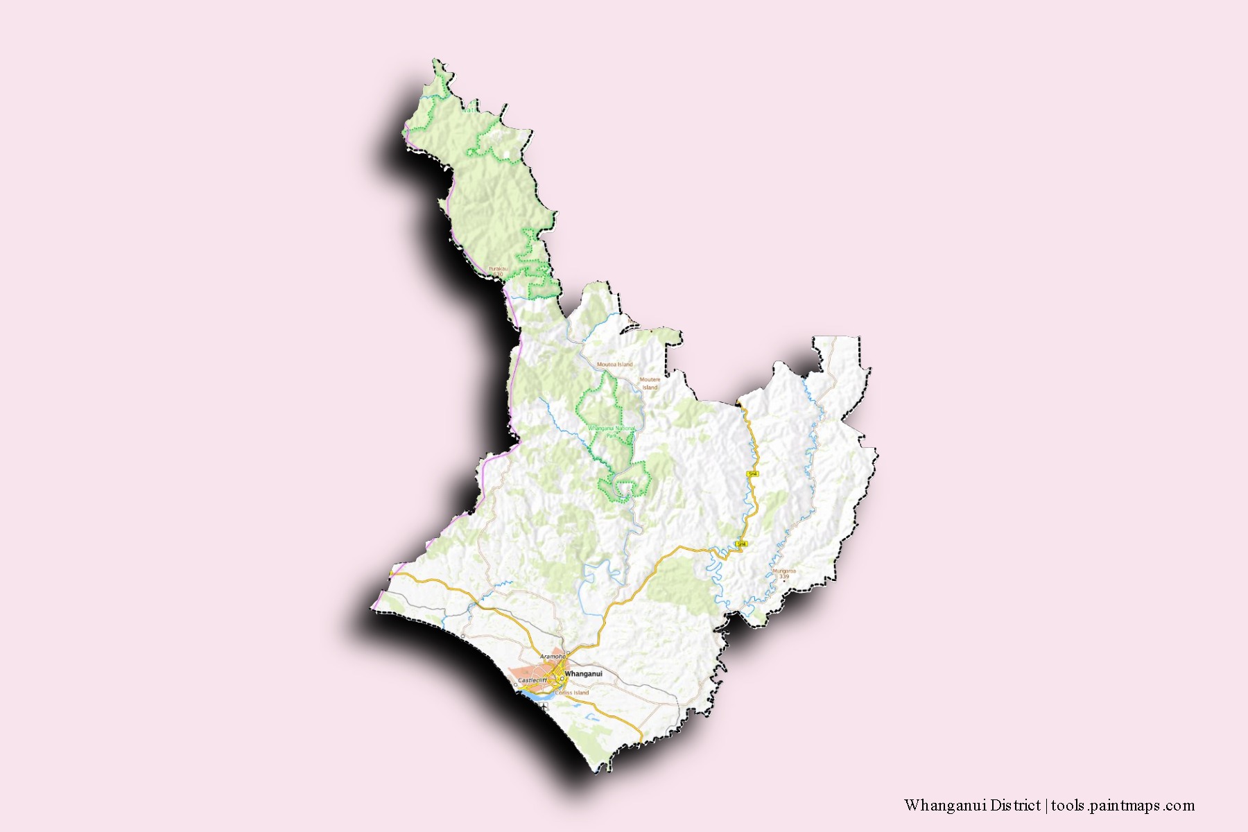 Mapa de barrios y pueblos de Whanganui District con efecto de sombra 3D