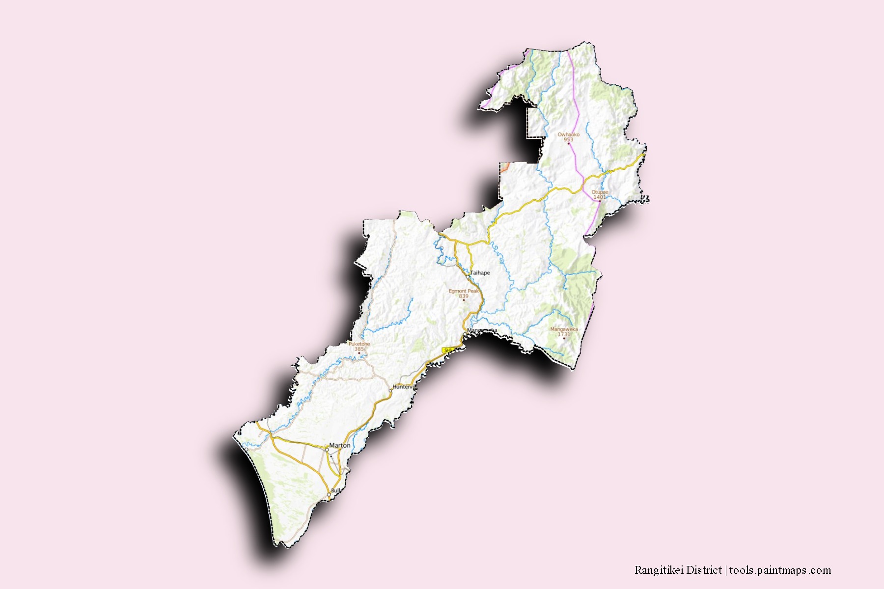 Mapa de barrios y pueblos de Rangitikei District con efecto de sombra 3D