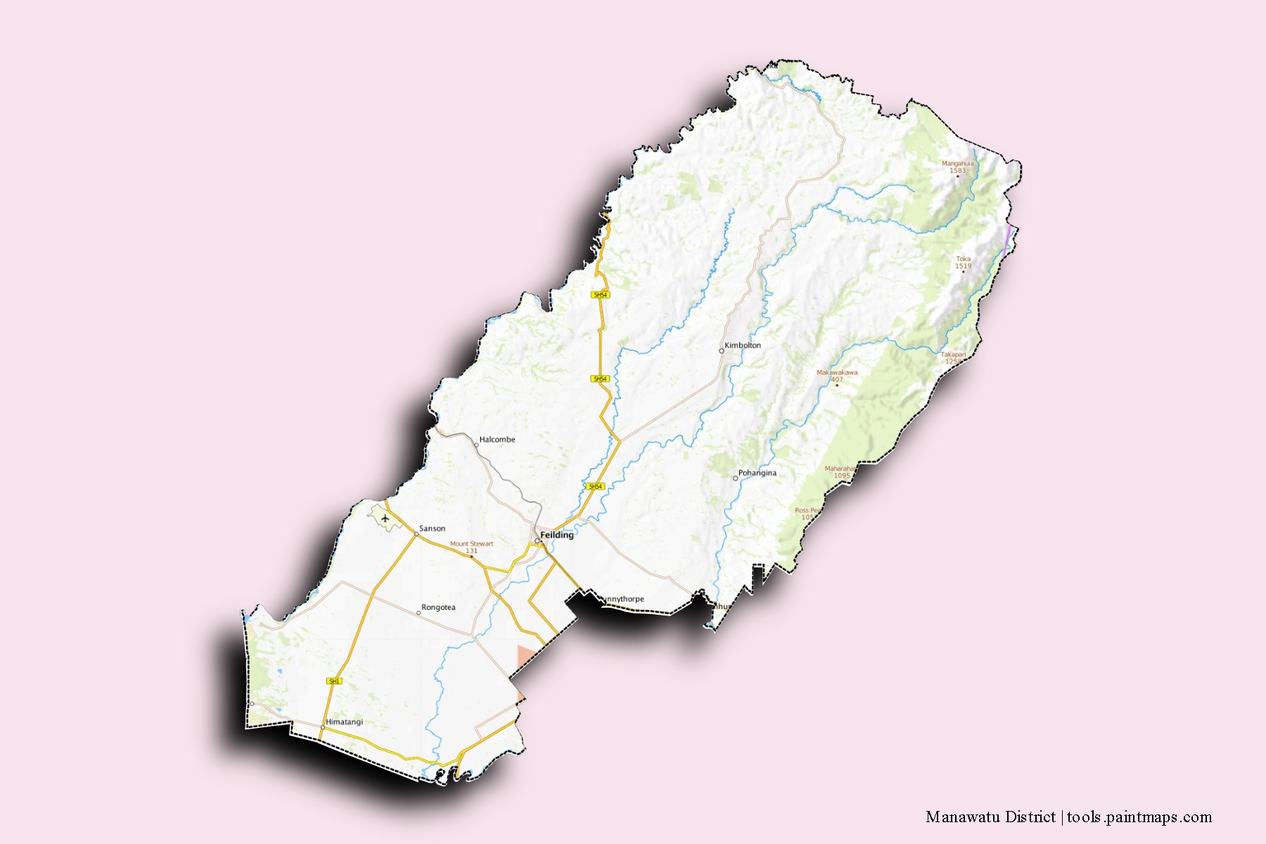 Mapa de barrios y pueblos de Manawatu District con efecto de sombra 3D