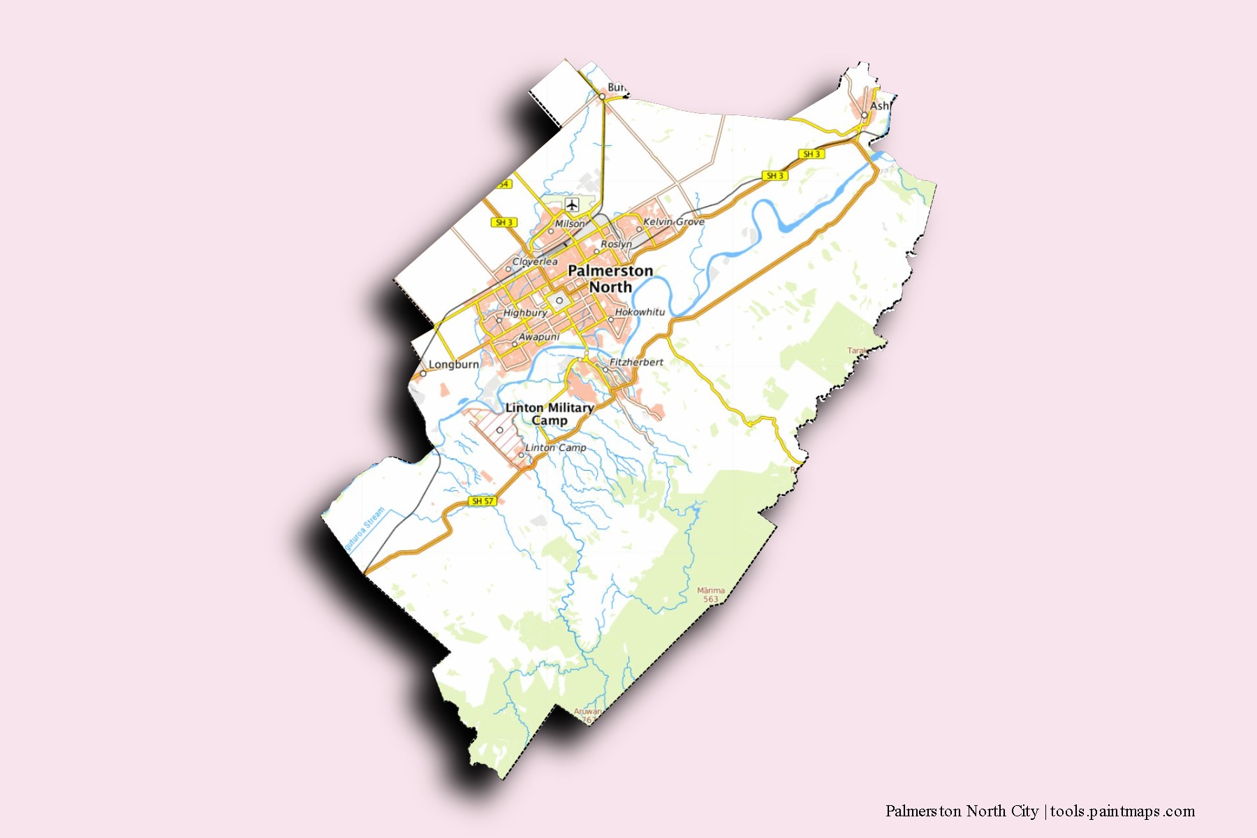 Mapa de barrios y pueblos de Palmerston North City con efecto de sombra 3D