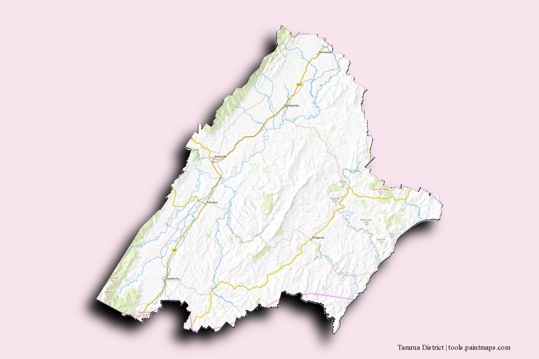 Mapa de barrios y pueblos de Tararua District con efecto de sombra 3D