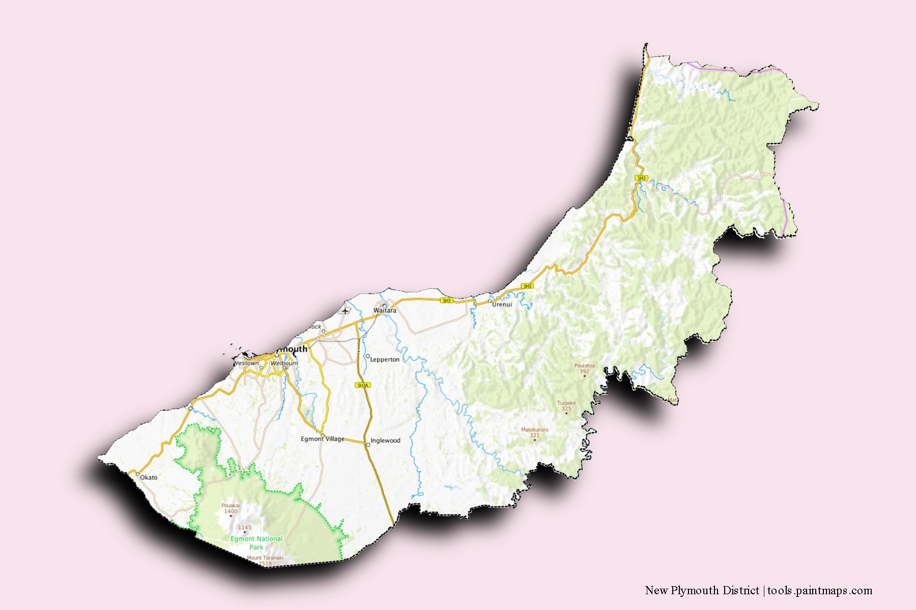 Mapa de barrios y pueblos de New Plymouth District con efecto de sombra 3D