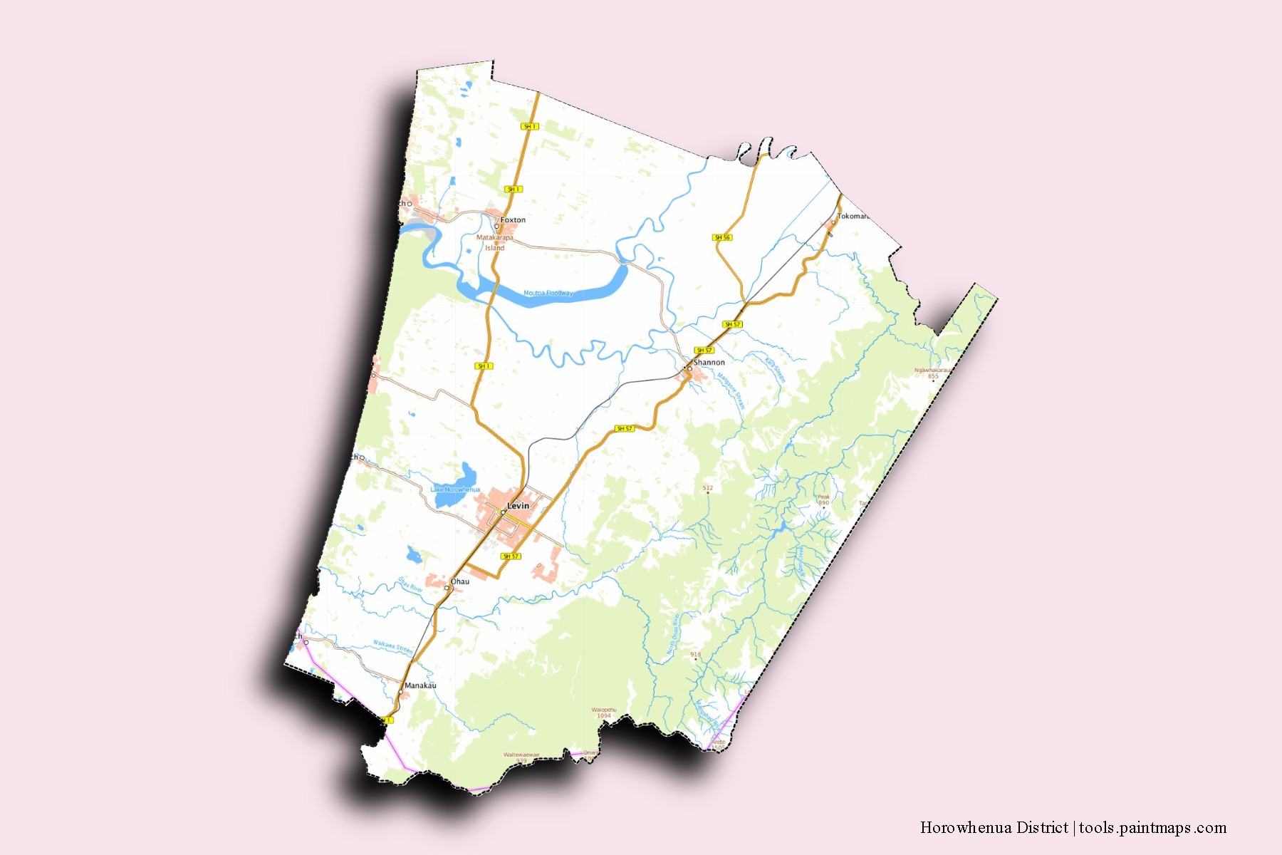 Mapa de barrios y pueblos de Horowhenua District con efecto de sombra 3D