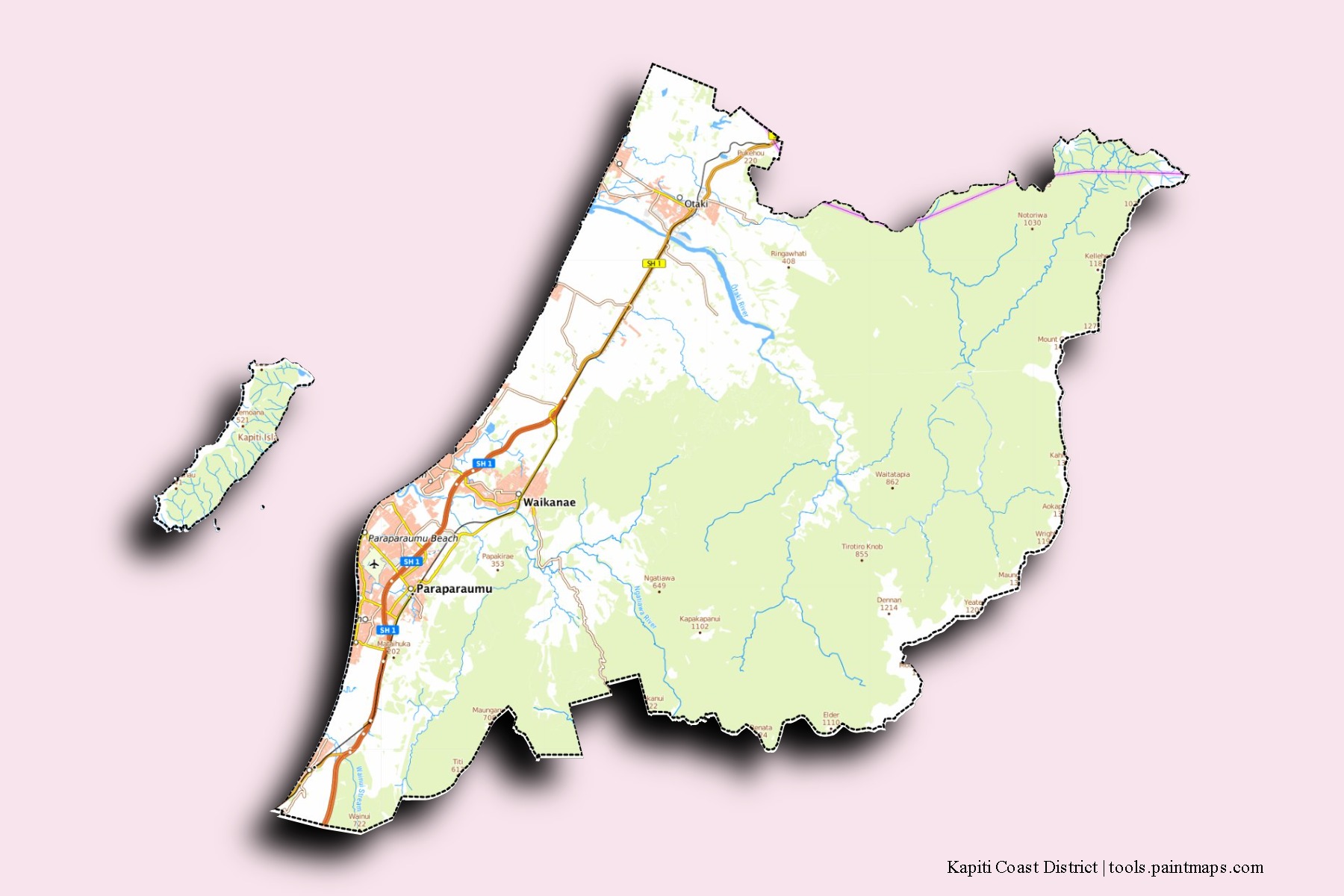 Mapa de barrios y pueblos de Kapiti Coast District con efecto de sombra 3D