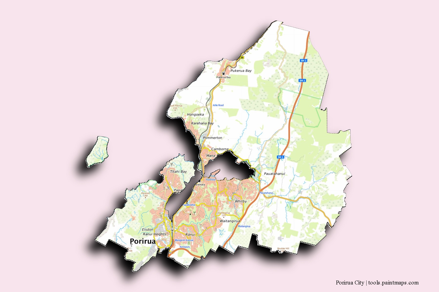 Mapa de barrios y pueblos de Porirua City con efecto de sombra 3D