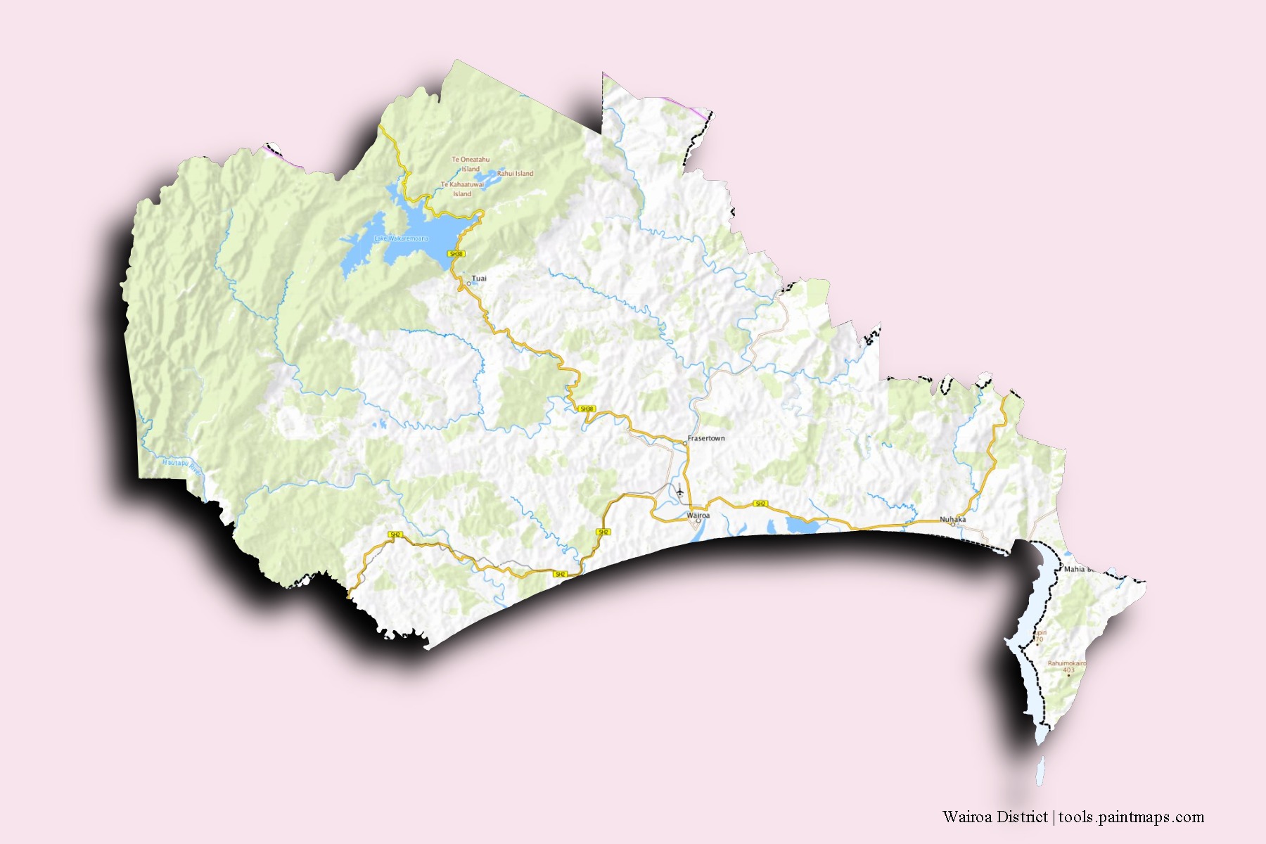 Mapa de barrios y pueblos de Wairoa District con efecto de sombra 3D