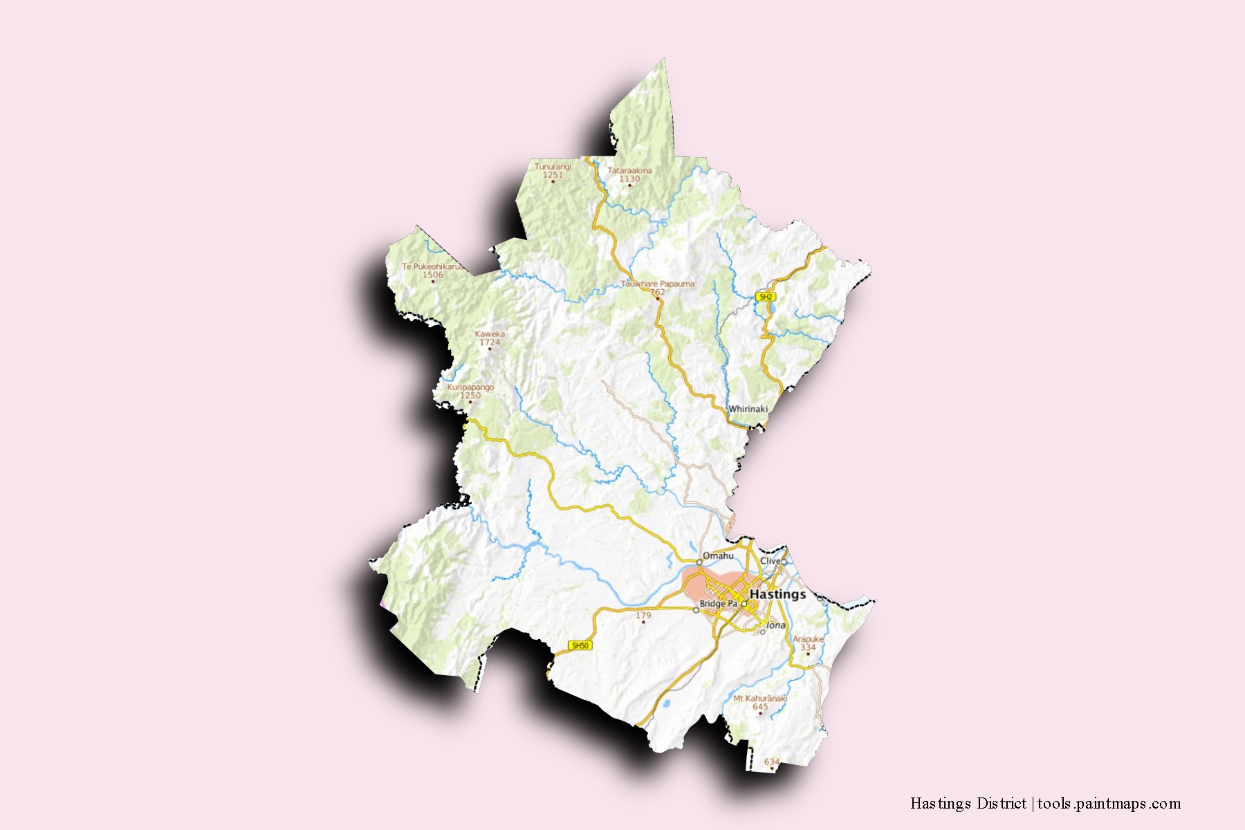 Mapa de barrios y pueblos de Hastings District con efecto de sombra 3D