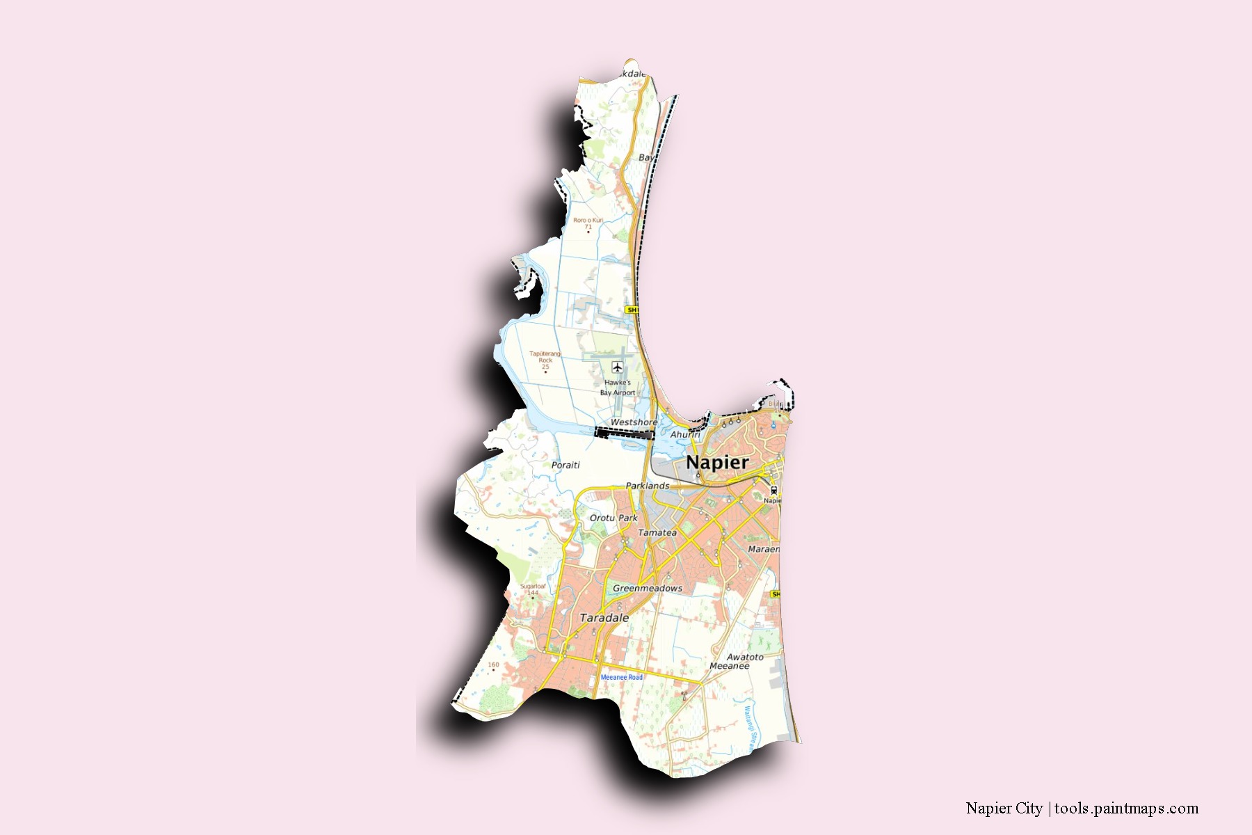 Mapa de barrios y pueblos de Napier City con efecto de sombra 3D