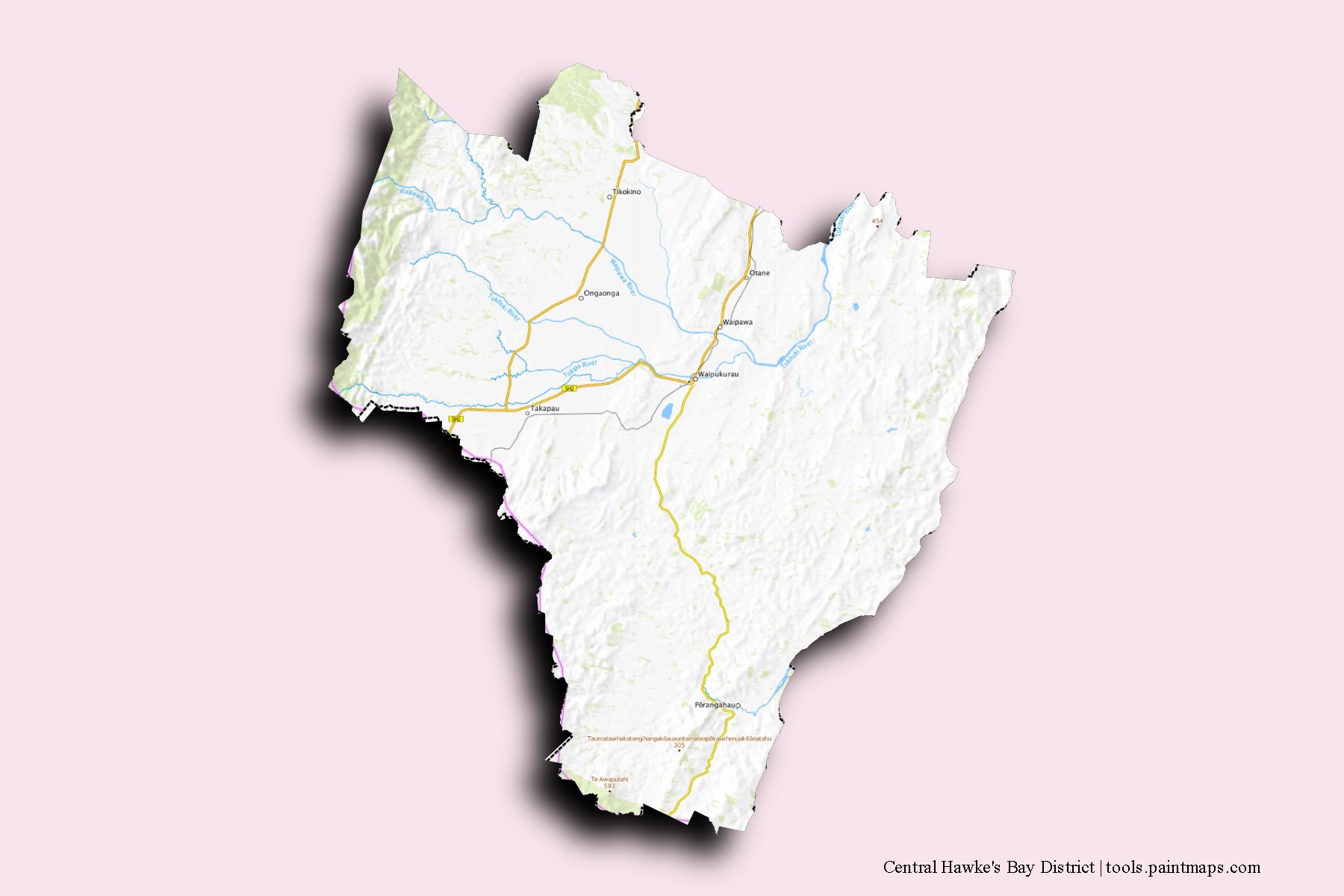 Mapa de barrios y pueblos de Central Hawke's Bay District con efecto de sombra 3D