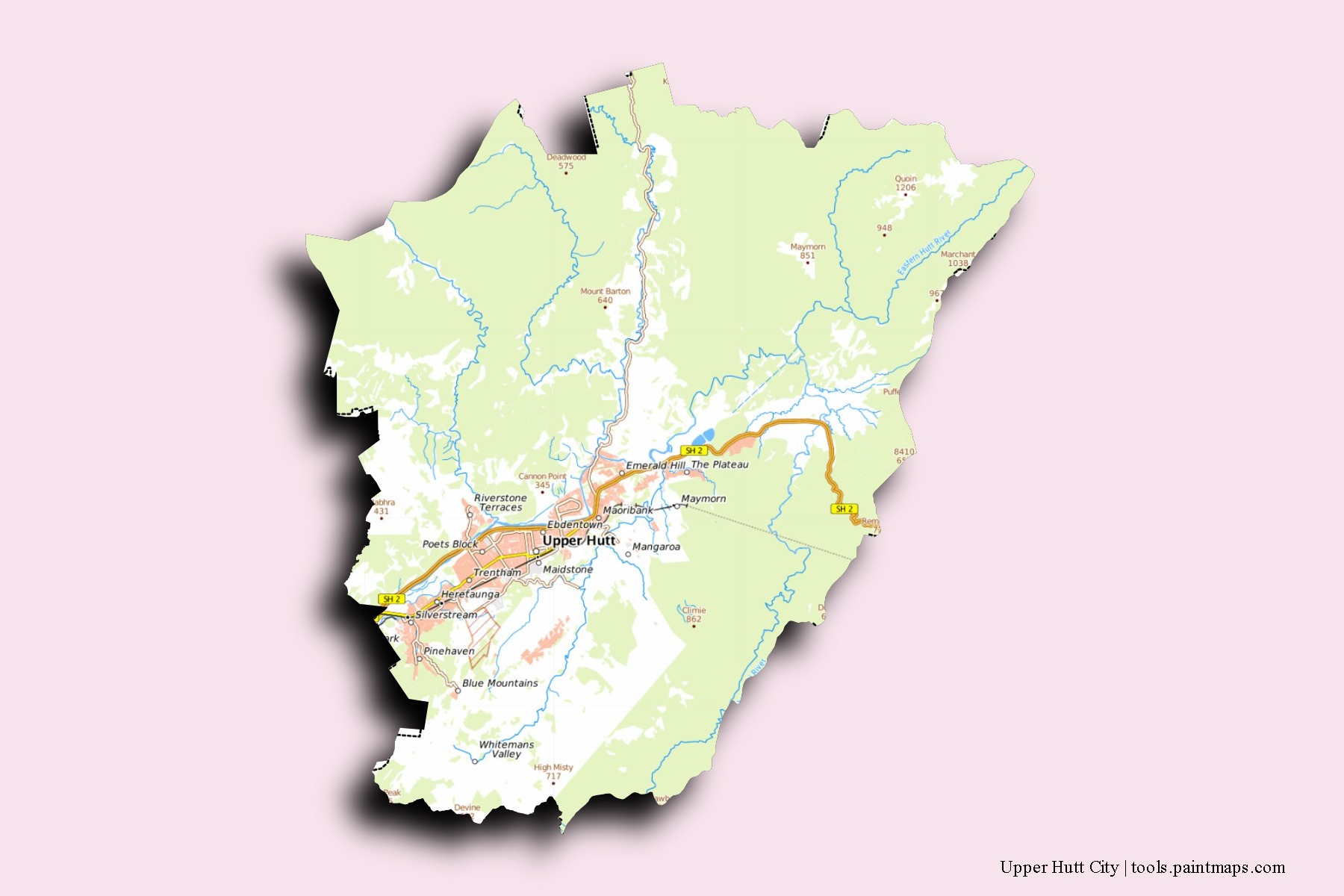 Mapa de barrios y pueblos de Upper Hutt City con efecto de sombra 3D